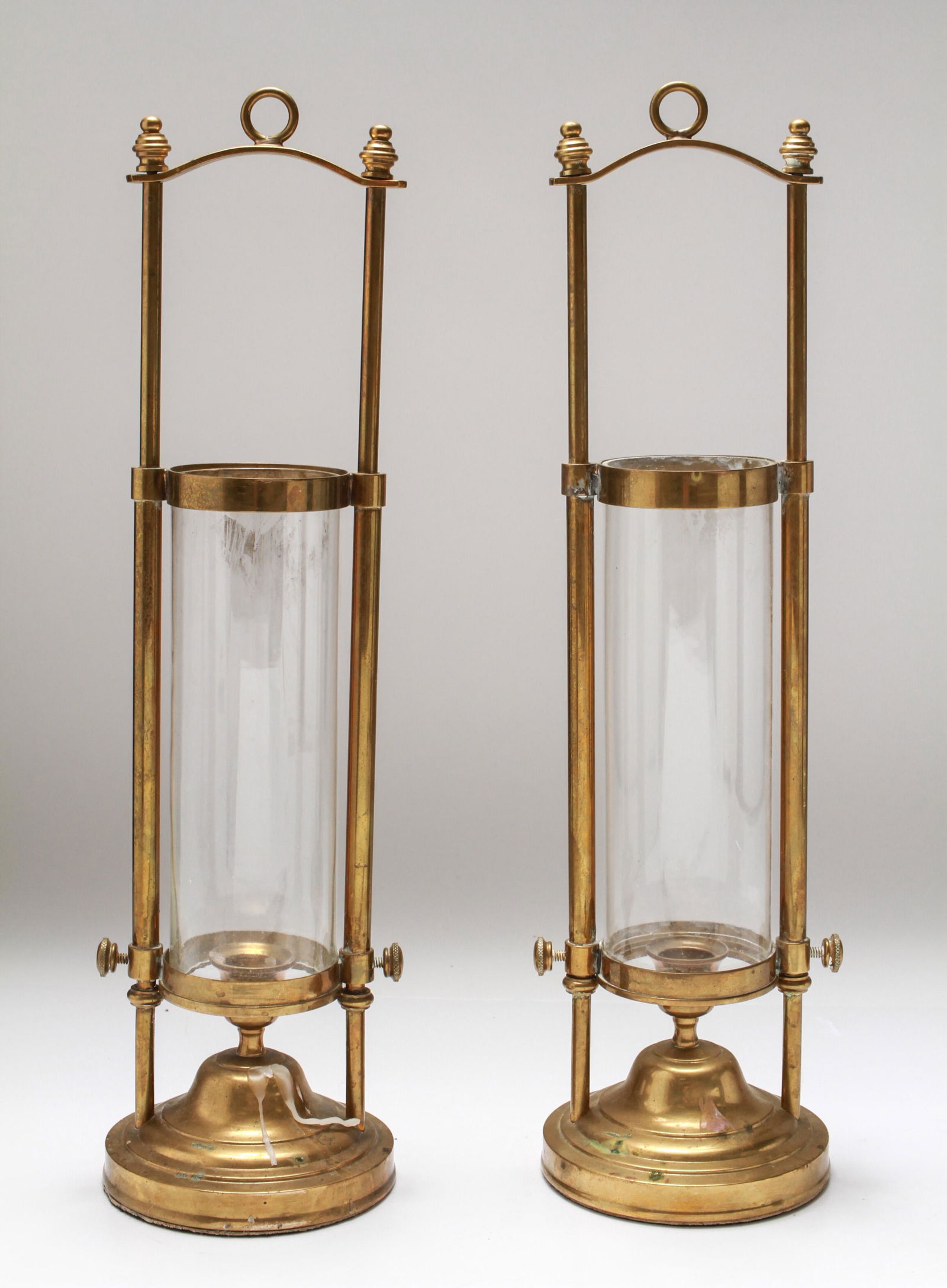 Hurricane Candlesticks Brass w Glass Shades Pair (1 of 3)
