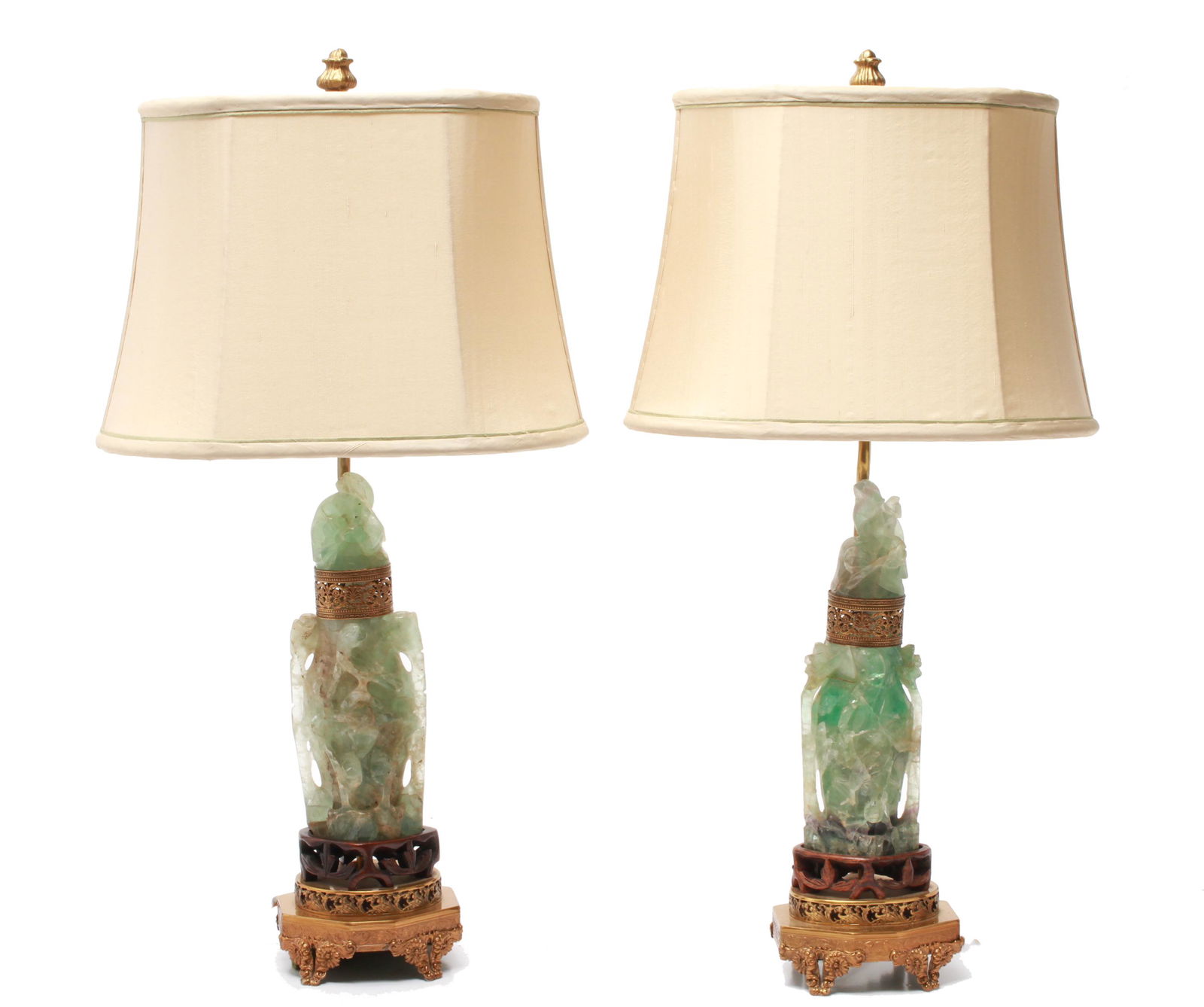 Chinese Carved Fluorite  Green Quartz Lamps Pr (1 of 7)