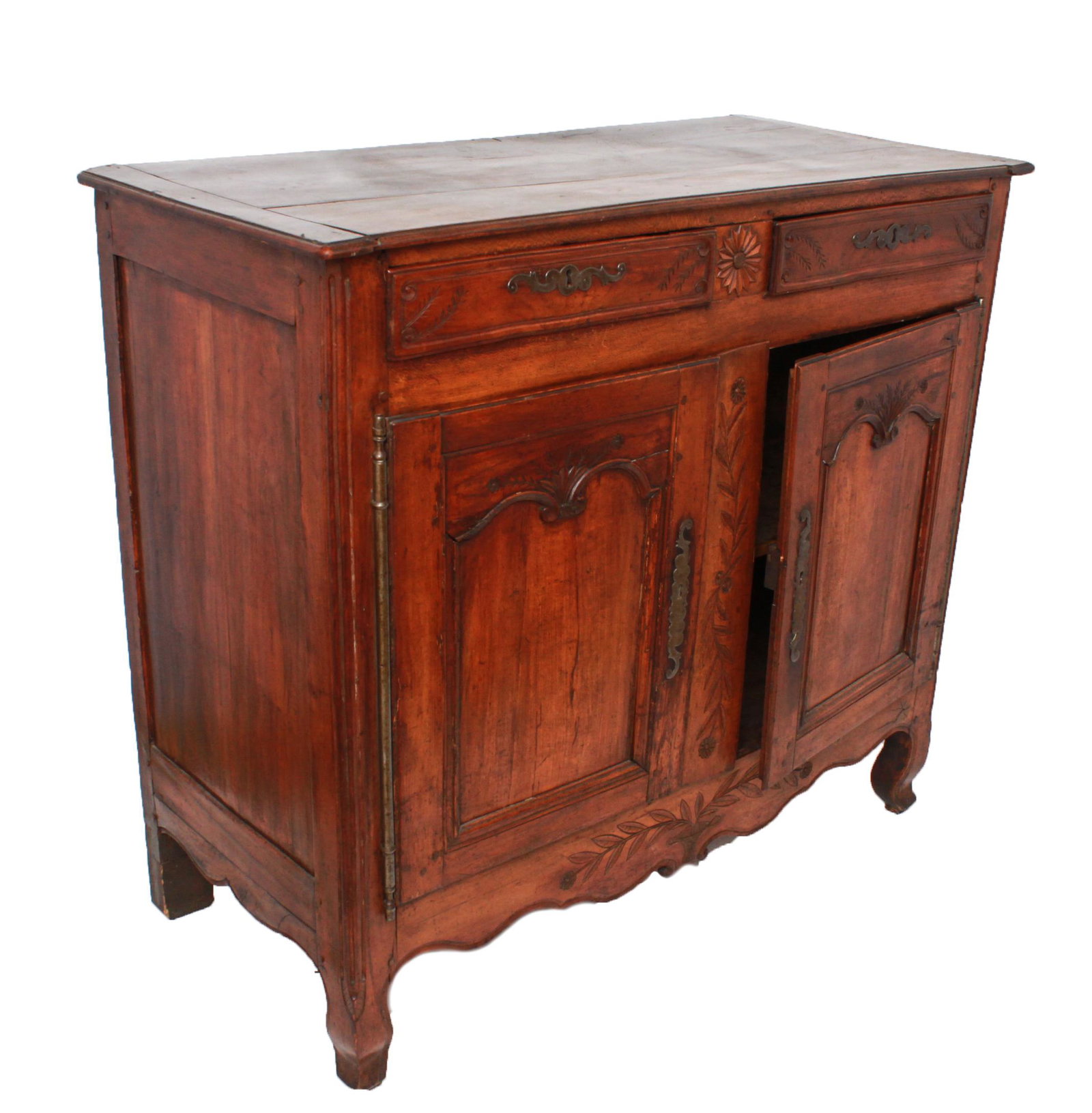 French Provincial Sideboard / Cabinet, Antique: Antique French provincial sideboard / cabinet with two drawers over two doors, carved leaf and floral motif, with key. 45.5" H x 51" W x 23.5" D.