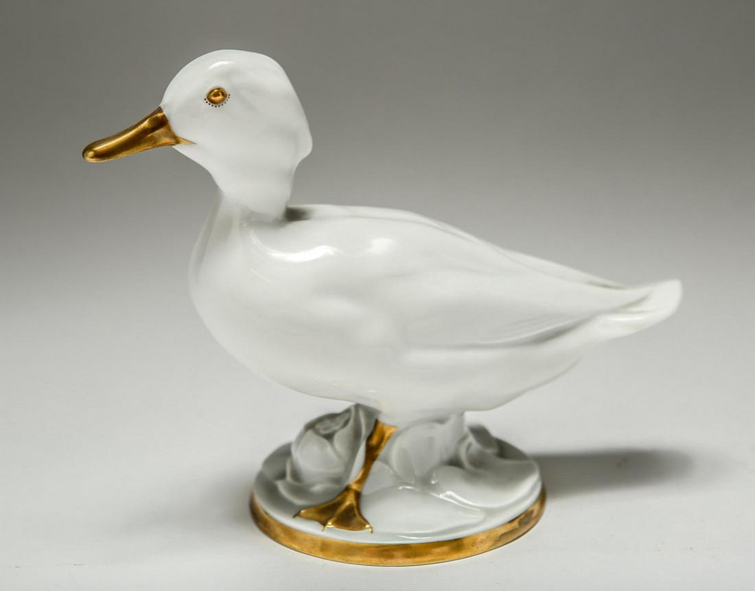 Fritz Klee Hutschenreuther Porcelain Duck Figurine: Fritz Klee for Hutschenreuther Bavarian white and gilt porcelain duck figurine, vintage 1950s, the underside stamped "Lorenz Hutschenreuther A.G. Selb / Abteilung fuer Kunst / Entwirf: Professor Fritz