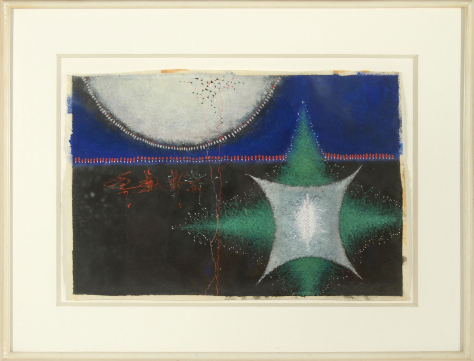 Tetsuo Ochikubo Abstract Gouache on Paper: Tetsuo Ochikubo (Japanese / American, 1923-1975) gouache on paper, abstract composition with star forms, signed lower right "T. Ochikubo." Image: 11.25" H x 16.5" W; frame: 18" H x 23" W x 1" D. Areas