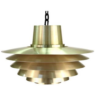 Svend Middelboe Danish Modern Verona Pendant Light: Svend Middelboe for Nordisk Solar Company Danish mid-century modern "Verona" pendant light, 1970s, gold-tone metal shade with partially orange enameled interior. 15" H x 21" diameter.