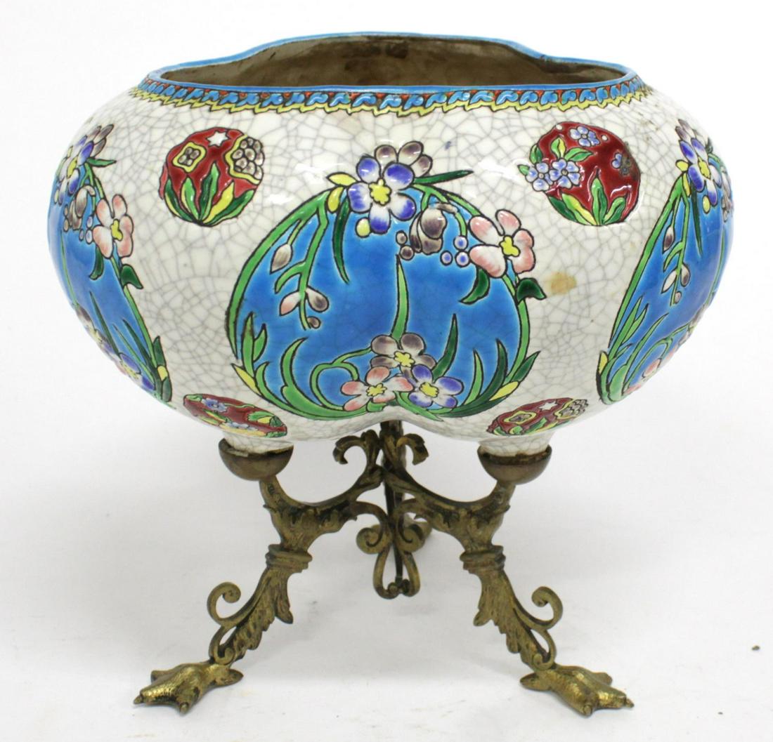 Longwy Manner Art Nouveau Porcelain & Brass Vase (1 of 11)
