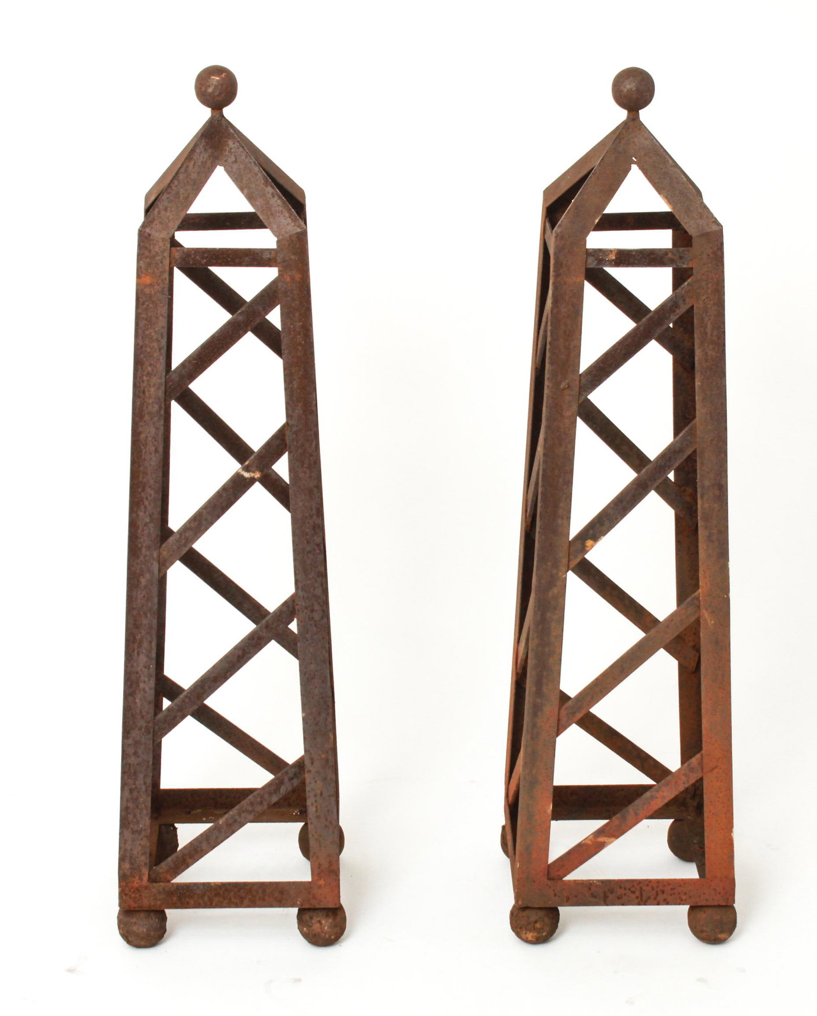 Modern Rustic Iron Obelisks Topped w Spheres, Pair (1 of 4)
