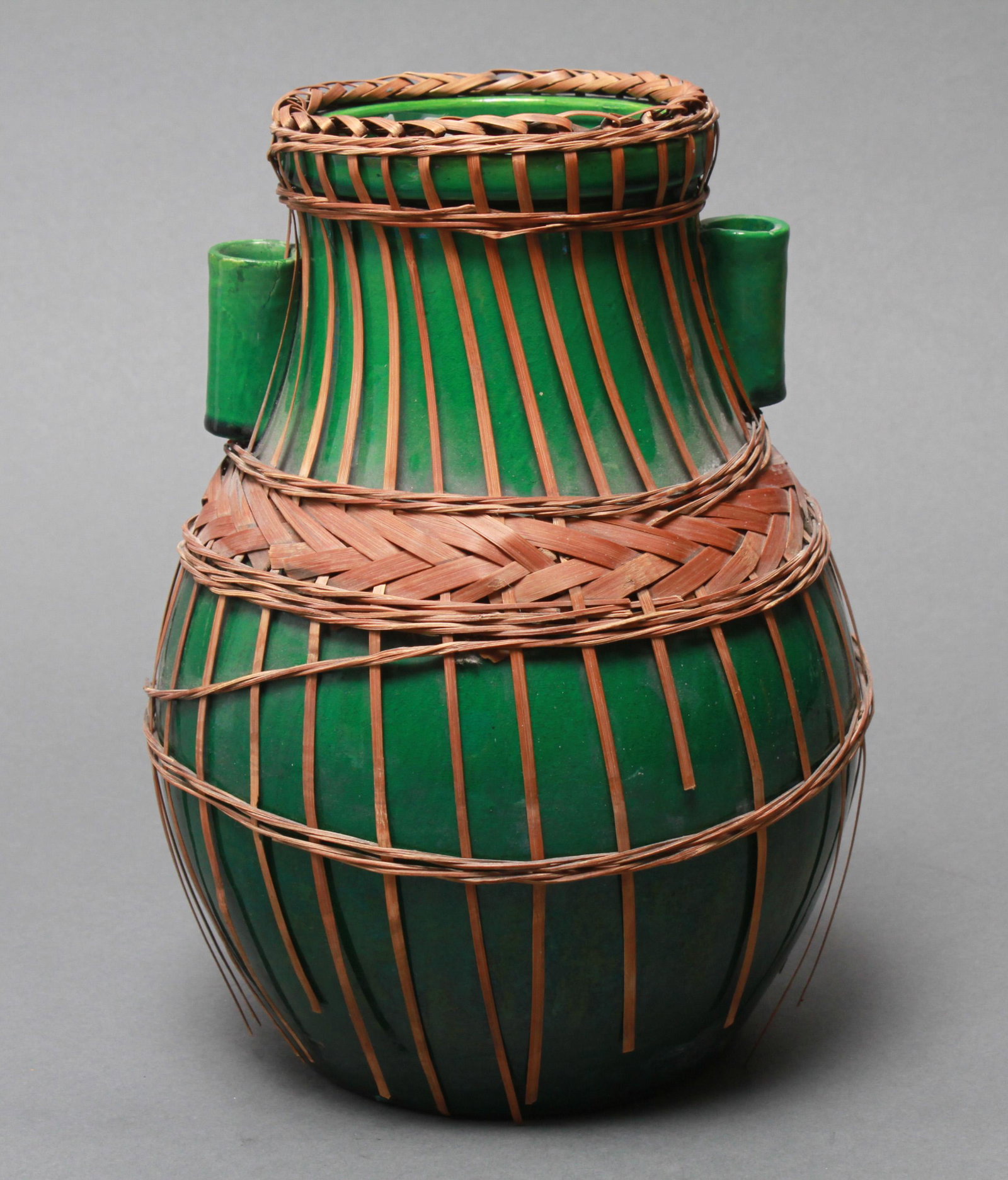 Japanese Kyoto Awaji Glazed Pottery Vase w Rattan (1 of 5)