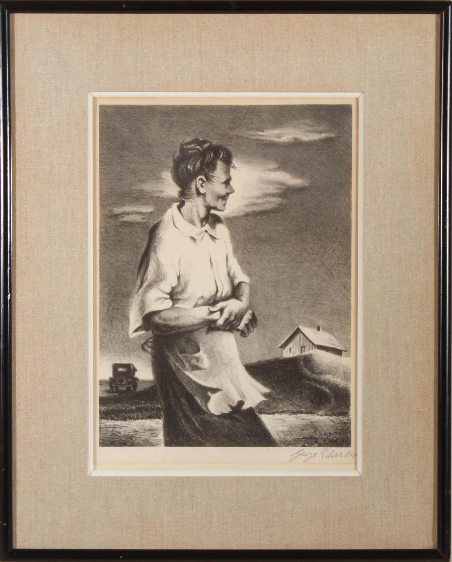 George Schreiber "From Arkansas" AAA Lithograph: George Schreiber (Belgian / American, 1904-1977) "From Arkansas," limited edition black and white lithograph depicting a regionalist scene of a woman standing in the wind on a farm with a car and hous
