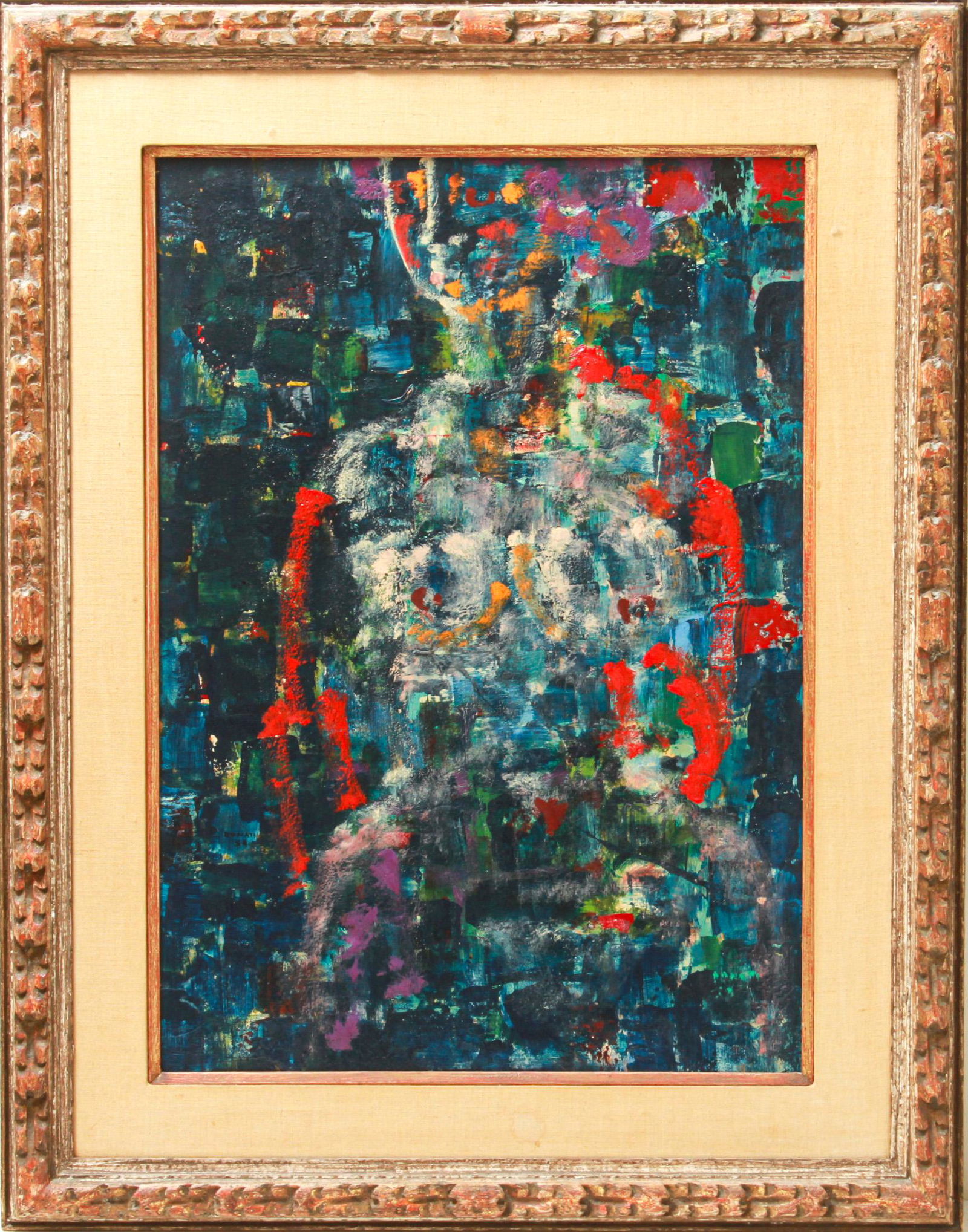 Lazzaro Donati "Figura in Rosso Azzurro" Oil: Lazzaro Donati (Italian, 1926-1977) "Figura in Rosso Azzurro," mid-century modern oil on board depicting abstract female nude, signed and dated at left "Donati 1958," inscribed on reverse "Lazzaro Don