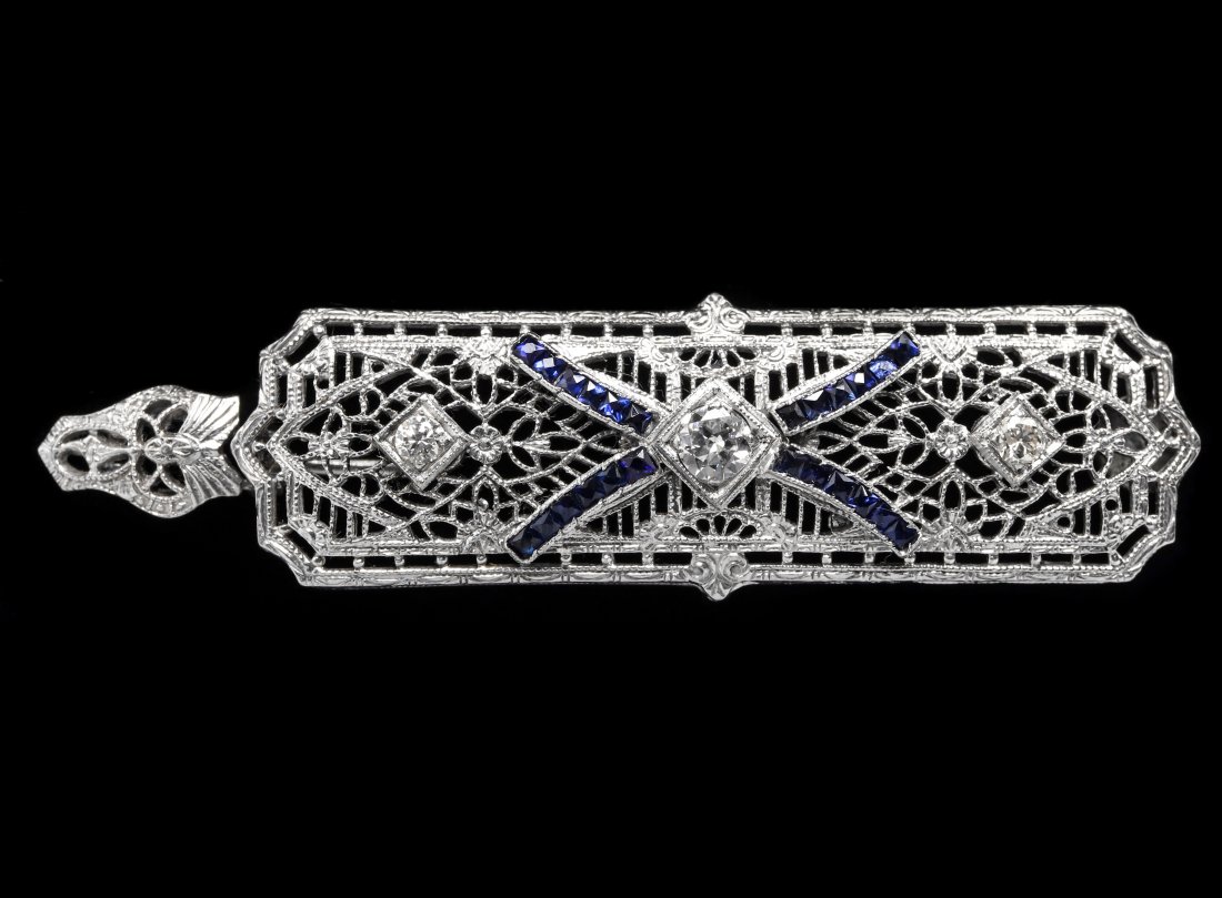 Art Deco 14K Gold Diamonds Sapphire Pendant Brooch (1 of 3)