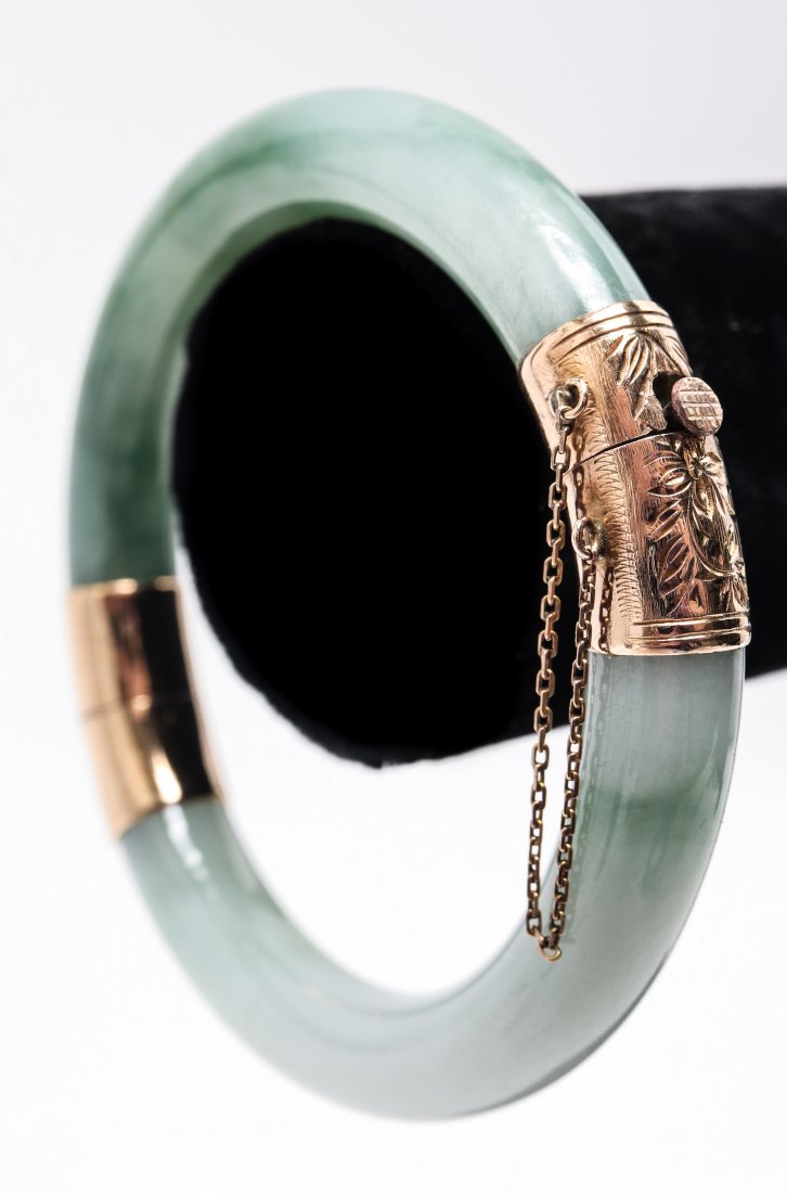 Chinese 14K Yellow Gold & Jade Bangle Bracelet (1 of 4)