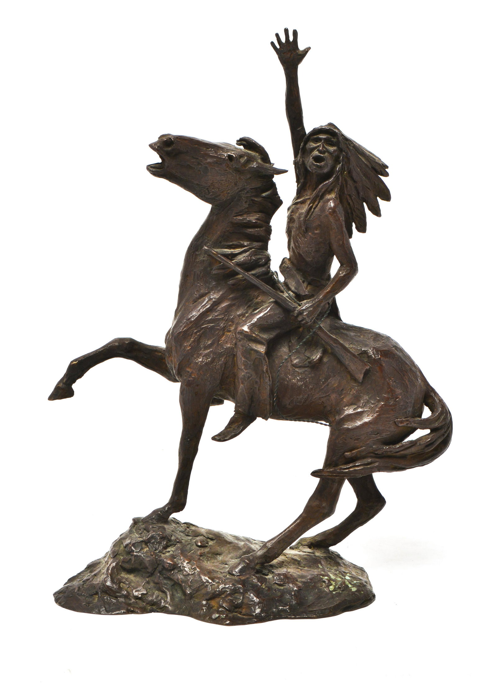 Ernest Berke "Rallying His Warriors" Bronze: Ernest Berke (American, 1921-2010) "Rallying His Warriors" 1979, bronze sculpture of a Native American warrior on horseback, edition number 200 / 200, signed and numbered on lower base. 11.75" H x 8.5