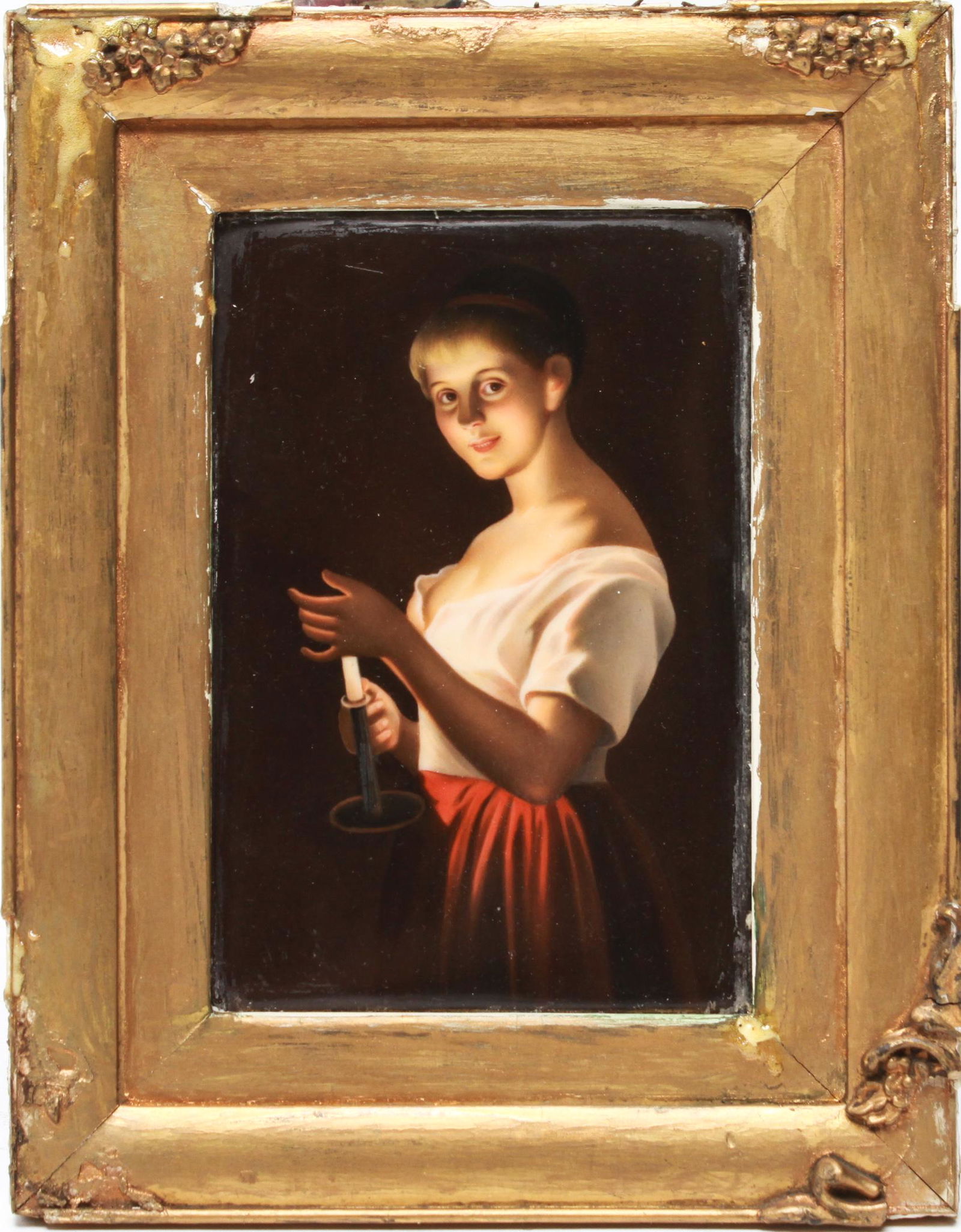 German "Gute Nacht" Hand-Painted Porcelain Plaque: German hand-painted porcelain plaque depicting "Gute Nacht (Good Night)" after Georg Hom (German, 1838-1911), evoking Leiden "Fijnschilder" School in subject matter and execution, reverse with early l