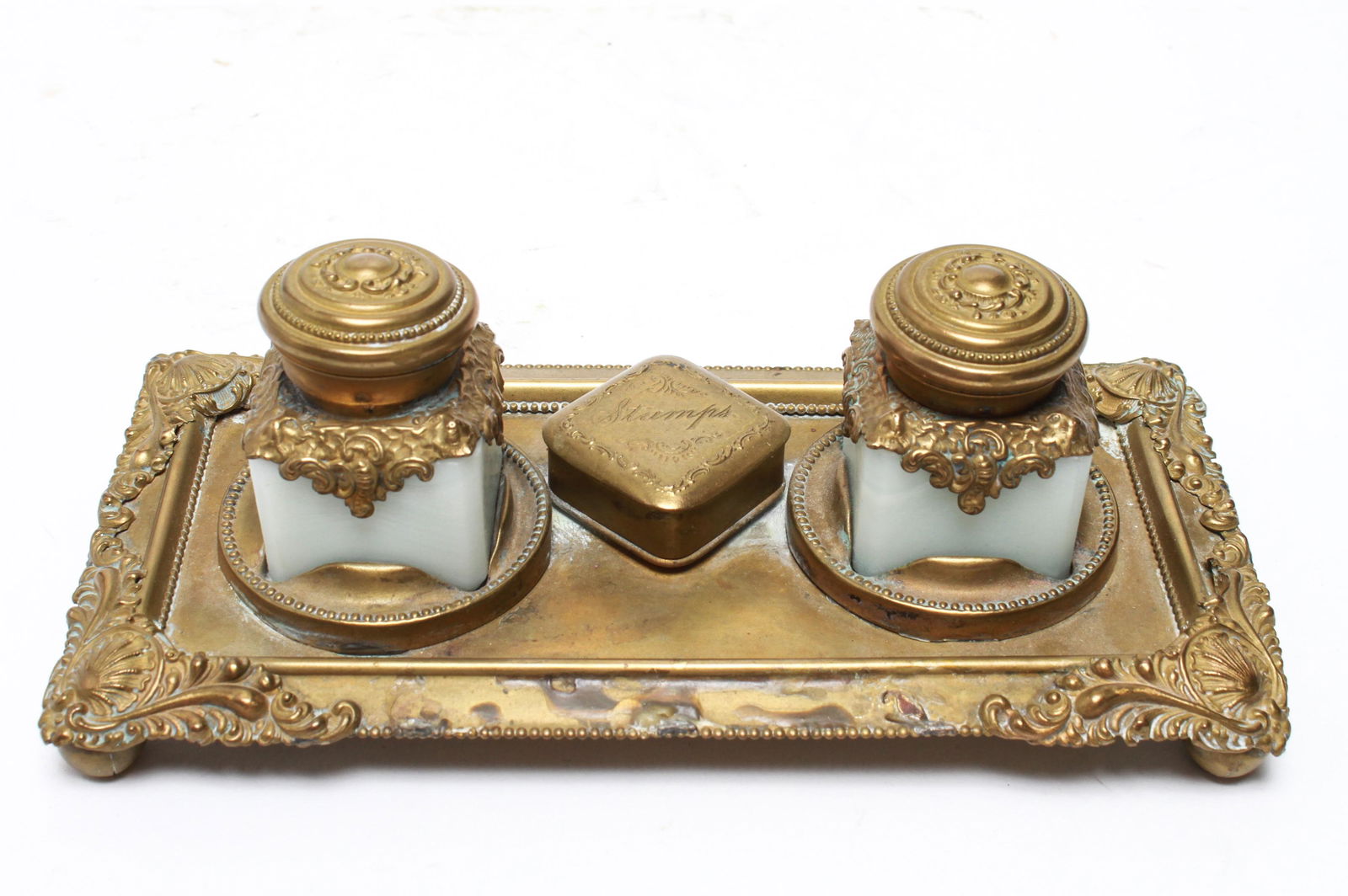 Brass & Milk Glass Inkwell & Stamp Box Late 19th C (1 of 4)