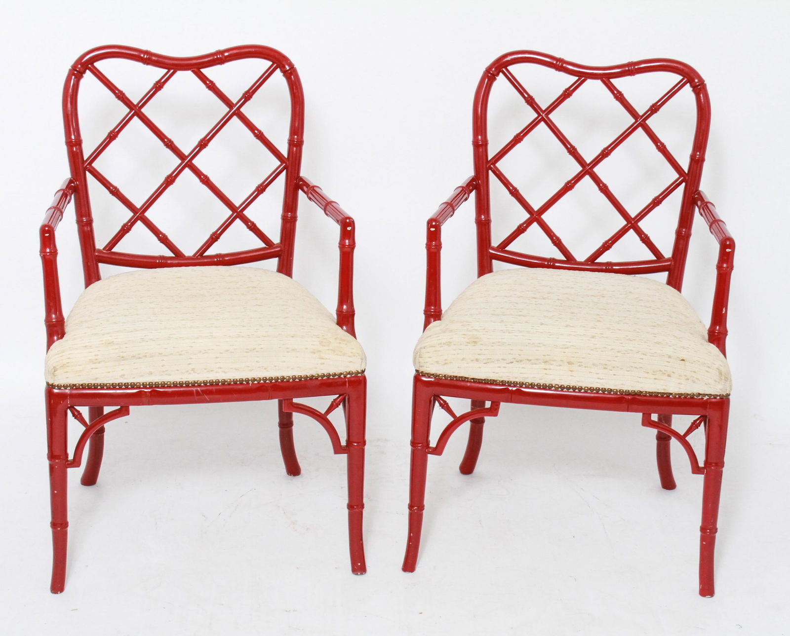 Chinese Red Lacquered Faux-Bamboo Arm Chairs, Pr (1 of 8)