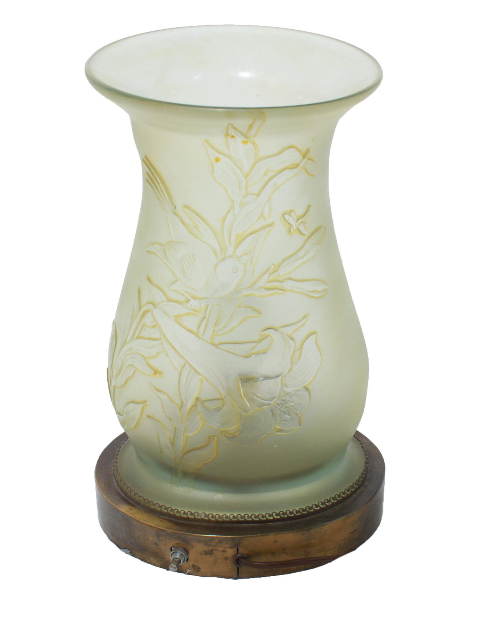 Frosted Art Glass Table Lamp w Bird Motif (1 of 5)