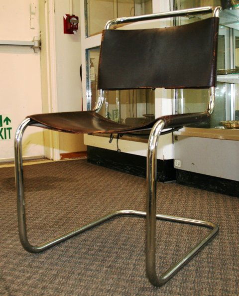 4 Mies Van Der Rohe MR10 Chairs for Knoll: 4 Mies Van Der Rohe, Four (4) mr10 chairs. Designed 1927 Cantilevered tubular steel frames with original leather sling slats backs.Please note that Two (2) fo the chairs are missing the second seat su