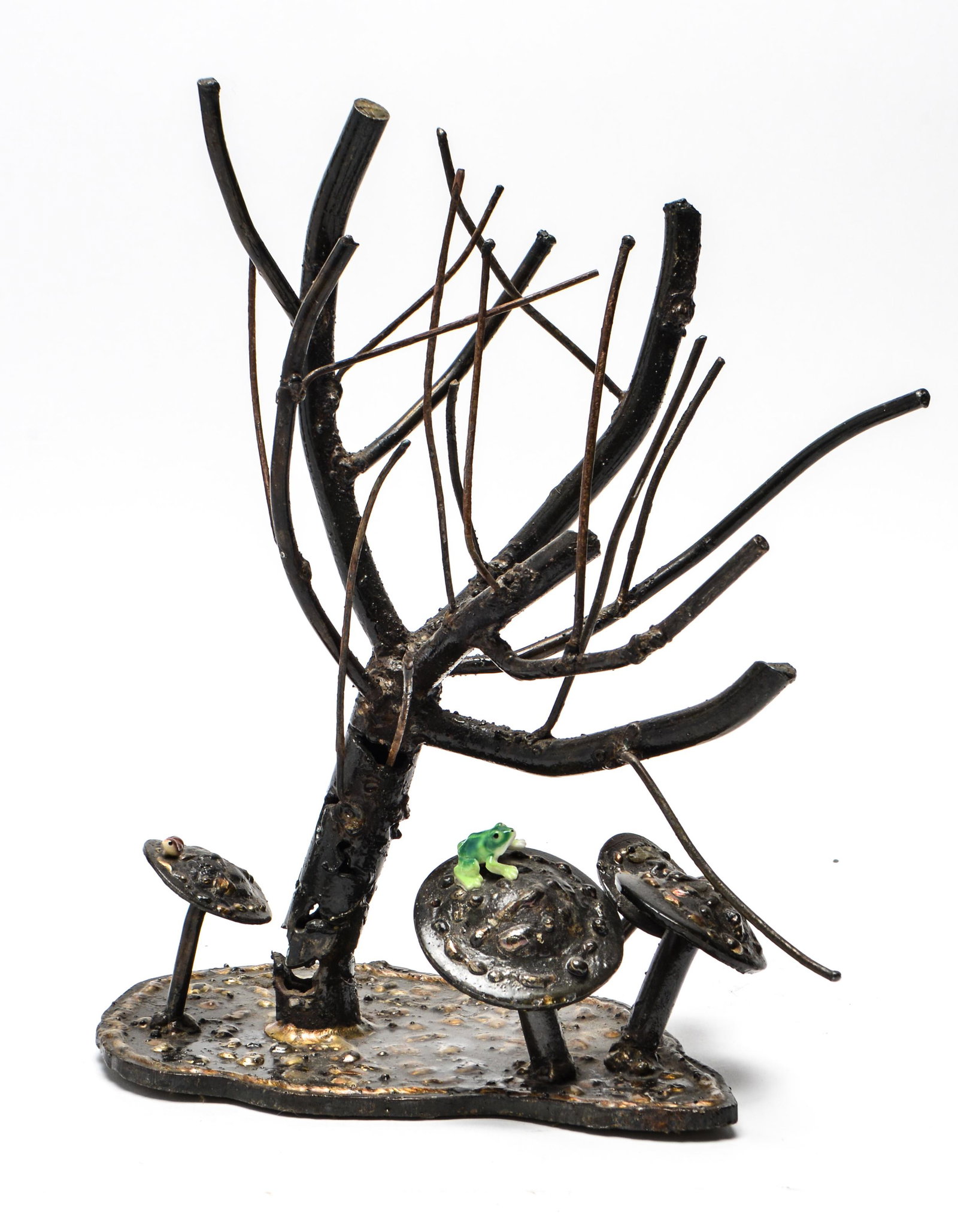 Contemporary Metal Sculpture of Frog & Mushrooms (1 of 6)