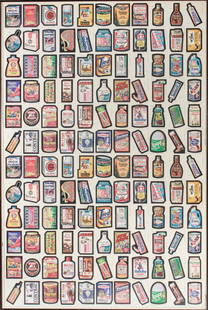 Topps Chewing Gum Stickers 1979 Full Sheet: Topps Chewing Gum Inc. 1979 full uncut sheet of 132 comical stickers emulating famous brand name product advertisements and their logos. Image: 42.75" H x 28.5" W; frame: 43.25" H x 29" W x .75" D. Mi