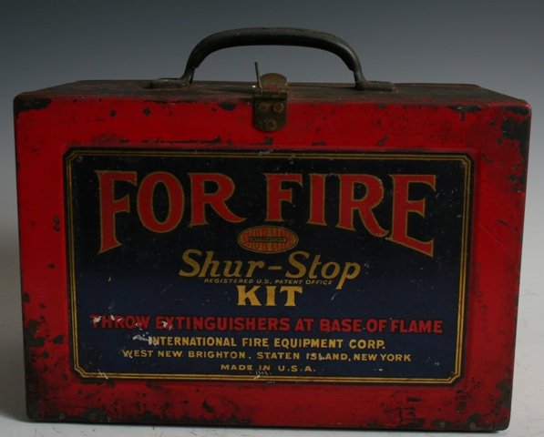 Shur Stop Vintage Fire Extinguisher Glass Grenades: 5 PACK OF SHUR STOP FIRE GRENADES IN ORIGINAL BOX: Shur-Stop fire grenade extinguisher ''The Automatic Fireman on the Wall''. Throw the fluid filled clear glass grenades into the fire. Red metal box i