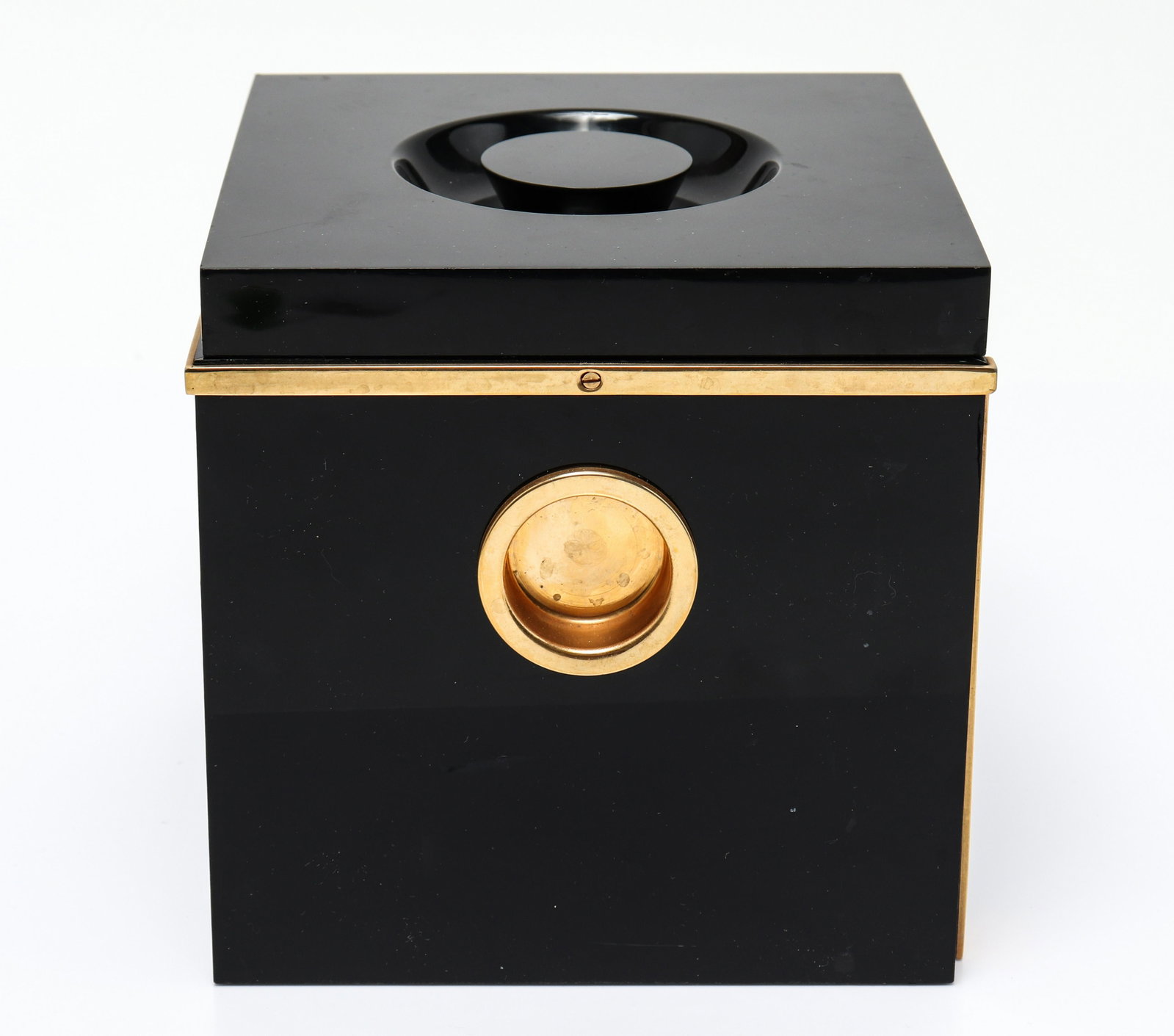 Modern Black Lucite & Gold-tone Metal Ice Bucket: Modern black lucite ice bucket with polished gold-tone metal accents, and a circular white lucite interior. 7.125" square.