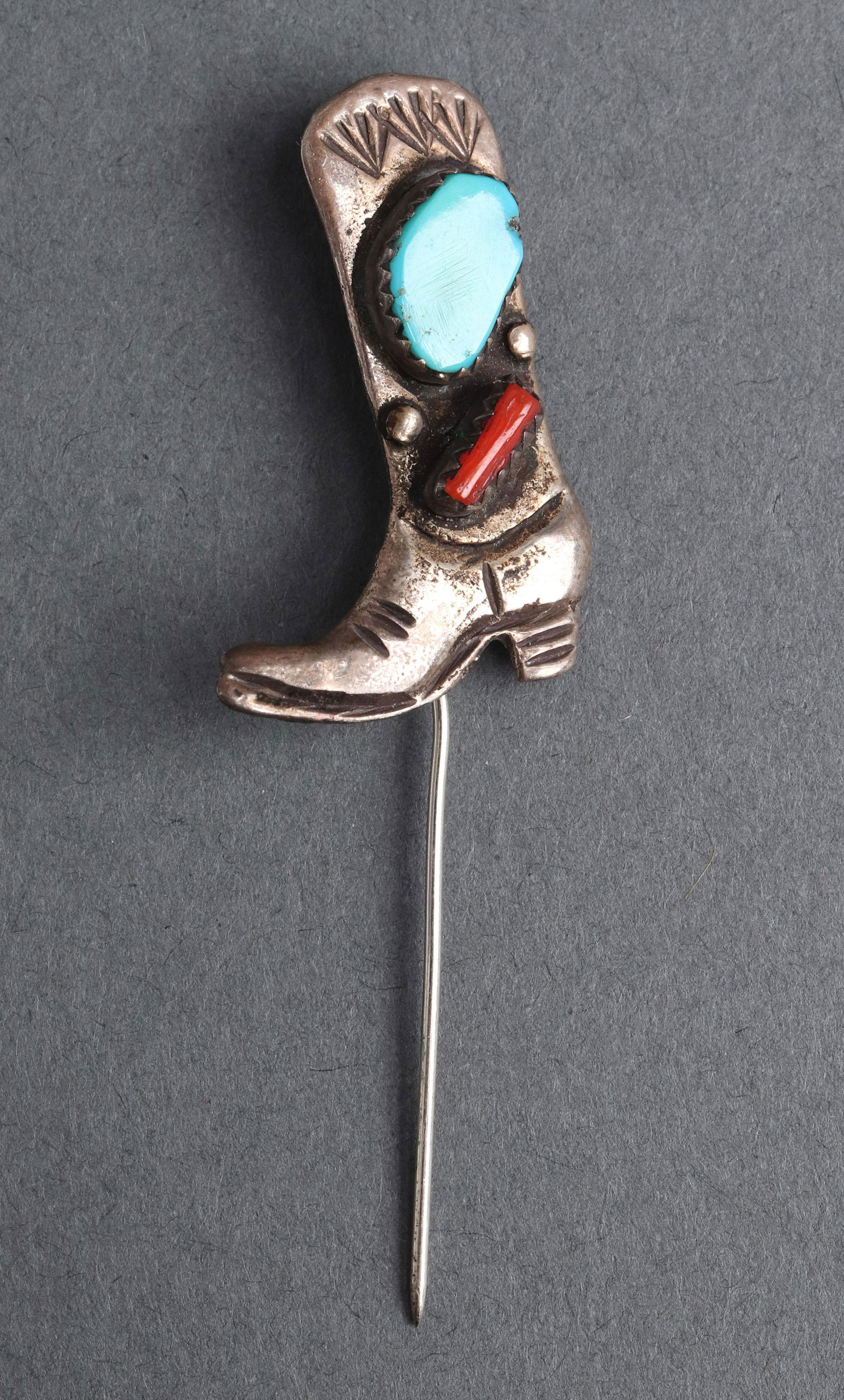 Navajo Silver Turquoise & Coral Cowboy Boot Pin (1 of 4)
