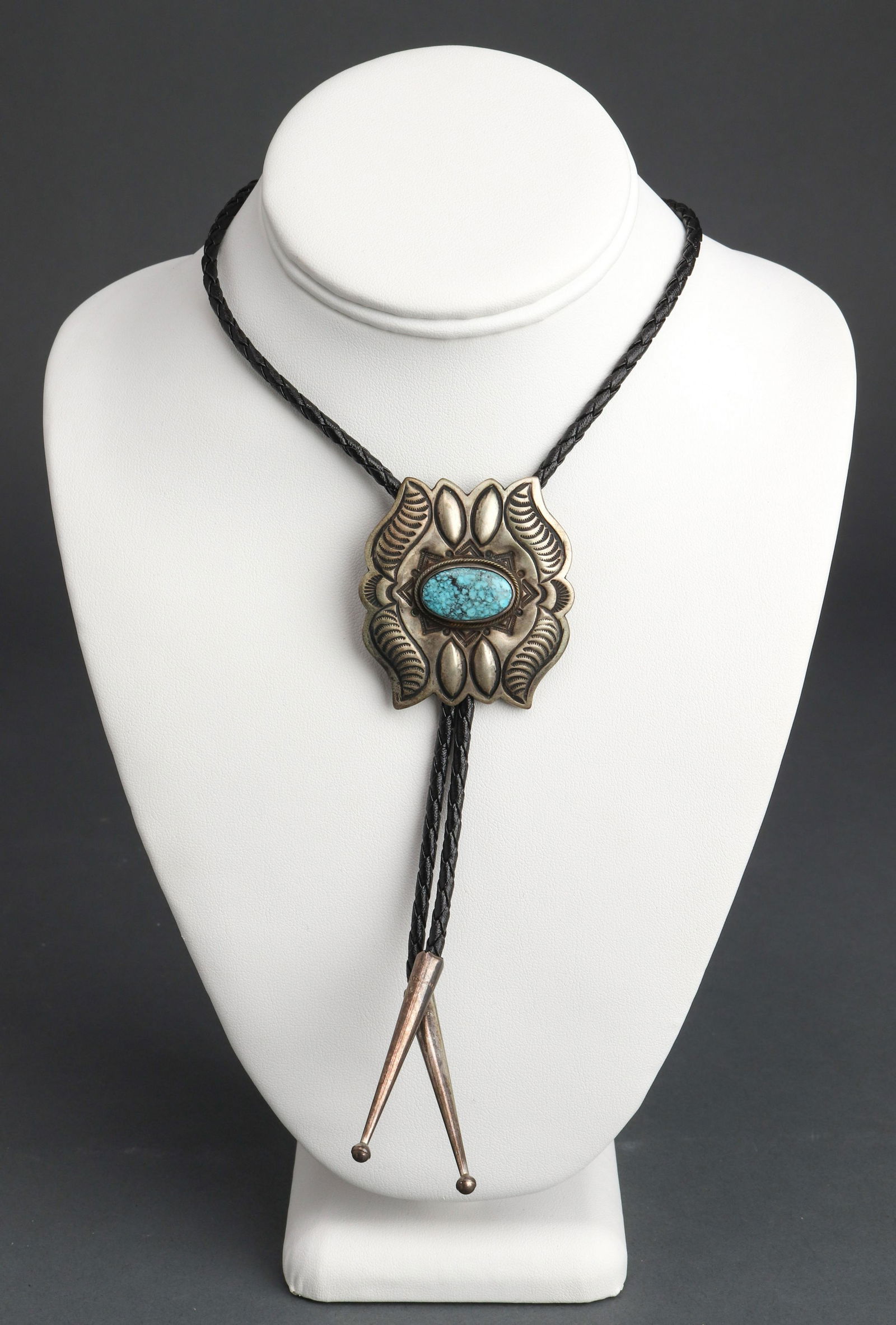 Navajo Silver & Turquoise Leather Lariat Necklace (1 of 5)