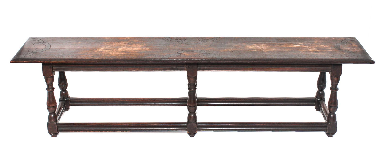 American Berkey & Gay "Span-Umbrian" Wood Bench: American Berkey & Gay "Span-Umbrian" bench, arts & crafts era in the Spanish Renaissance revival manner, with decorative drill marks, stretcher base, branded with maker's mark, "Span-Umbrian" and trad