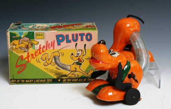 Walt Disney Stretchy Pluto Linemar Toys: Walt Disney Stretchy Pluto by Linemar Toys. Serial number J-1956 7 1/2" x 3". Slight retouching of paint, back leg.Box has small puncture hole.
