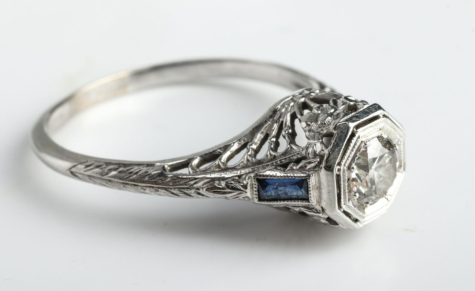 Edwardian 18K White Gold Diamond & Sapphire Ring (1 of 5)