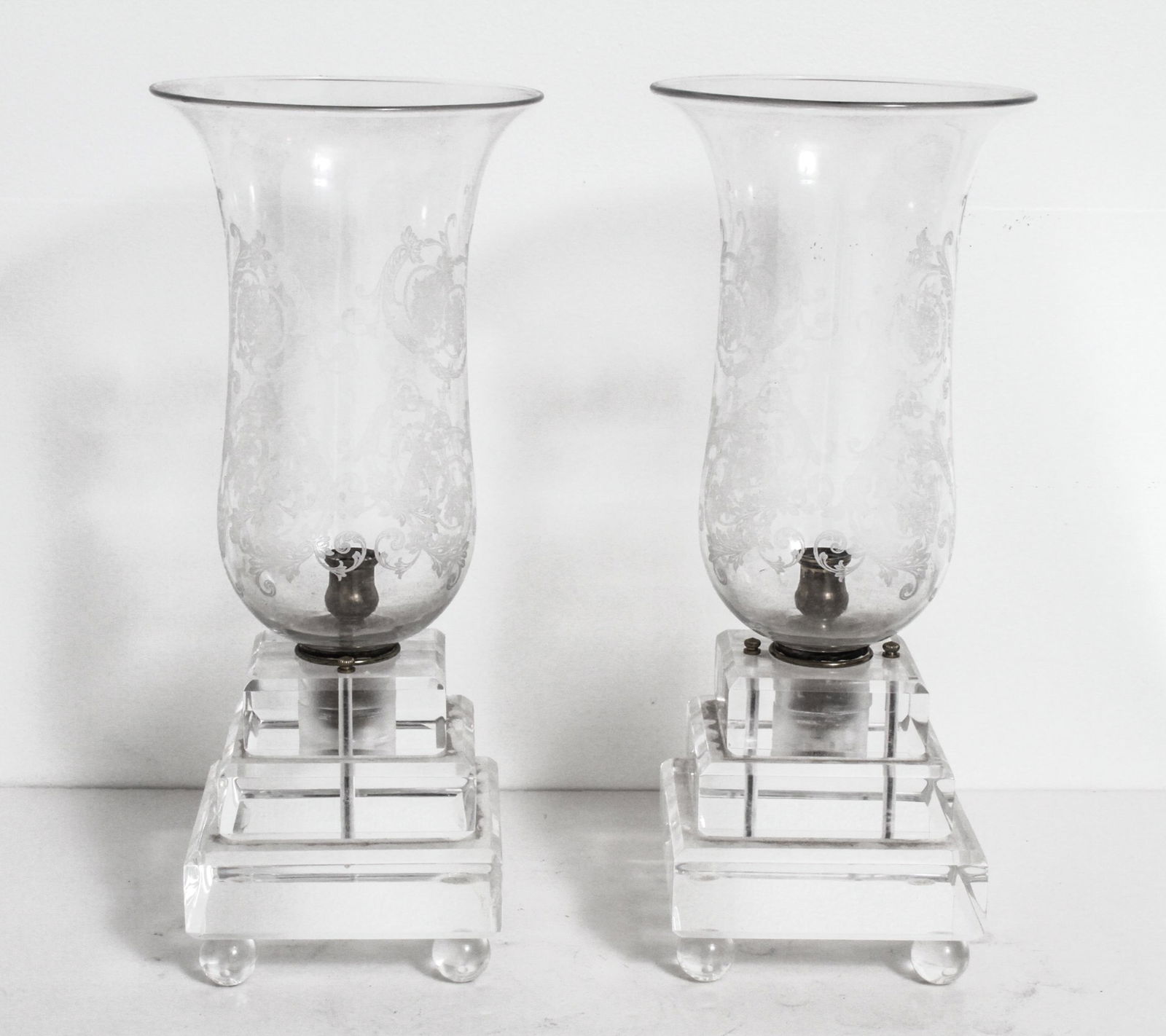 Candle Lamps w Etched Glass Shades & Lucite, Pair (1 of 2)