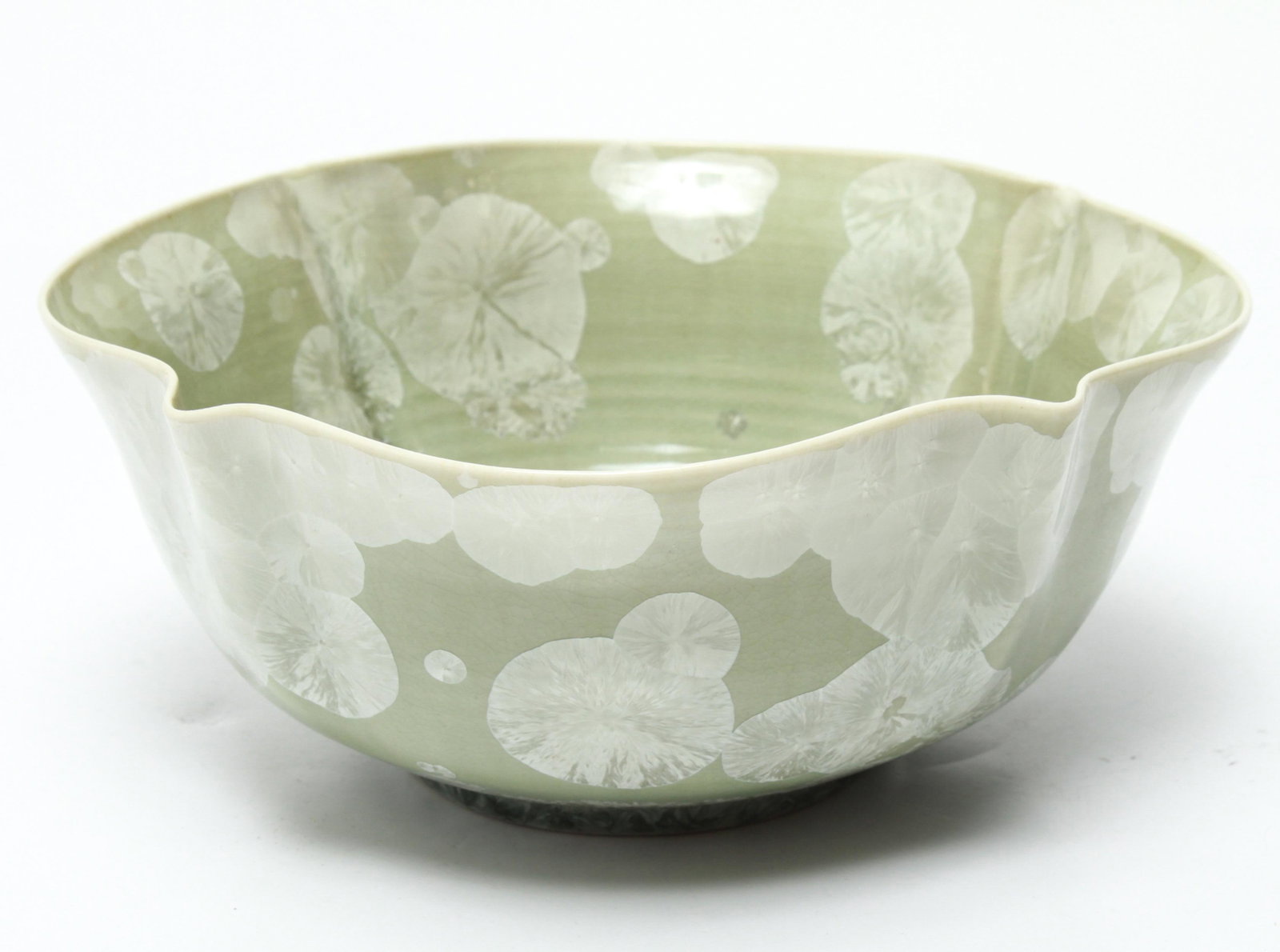 Duly Mitchell Modern Celadon Porcelain Bowl: Duly Mitchell modern porcelain bowl, celadon and crystalline glaze, signed underside "Duly." 3.75" H x 9" diameter.