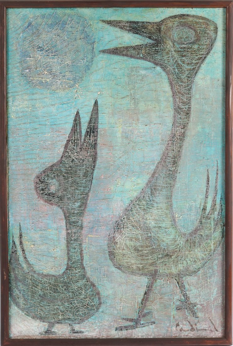 Illegibly Signed "Moonstruck Birds" Oil on Canvas (1 of 8)