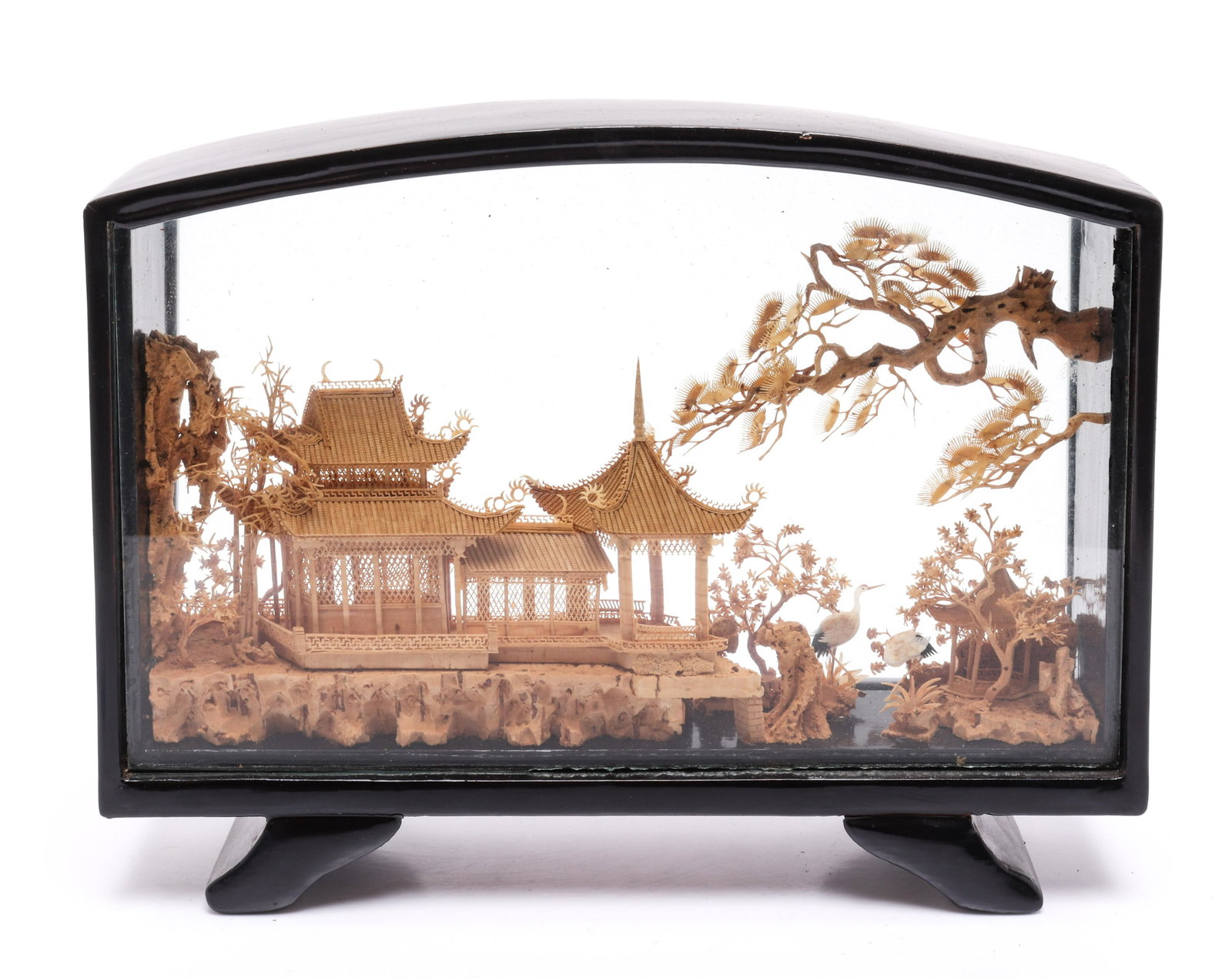 Chinese Cork Carving in Footed Shadowbox: Chinese cork sculpture, delicately carved to depict a pagoda and gazebo in landscape with cranes, in ebonized footed shadowbox frame.7.25" H x 9.5" W x 2.25" D.