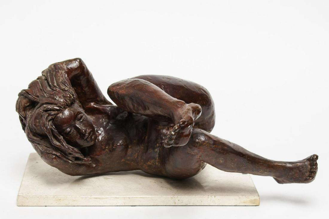 Evelyn Morgenbesser Bronze Model Of A Woman: Evelyn Morgenbesser (American, 1920-2017) sculpture of a woman practicing Nagna / Vivastra yoga, on a marble base with label bearing artist's name. Figure: 9" H X 20.25" L.
