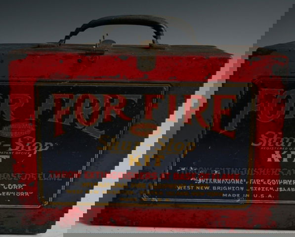 Shur Stop Vintage Fire Extinguisher Glass Grenade: 5 PACK OF SHUR STOP FIRE GRENADES IN ORIGINAL BOX: Shur-Stop fire grenade extinguisher ''The Automatic Fireman on the Wall''. Throw the fluid filled clear glass grenades into the fire. Red metal box i