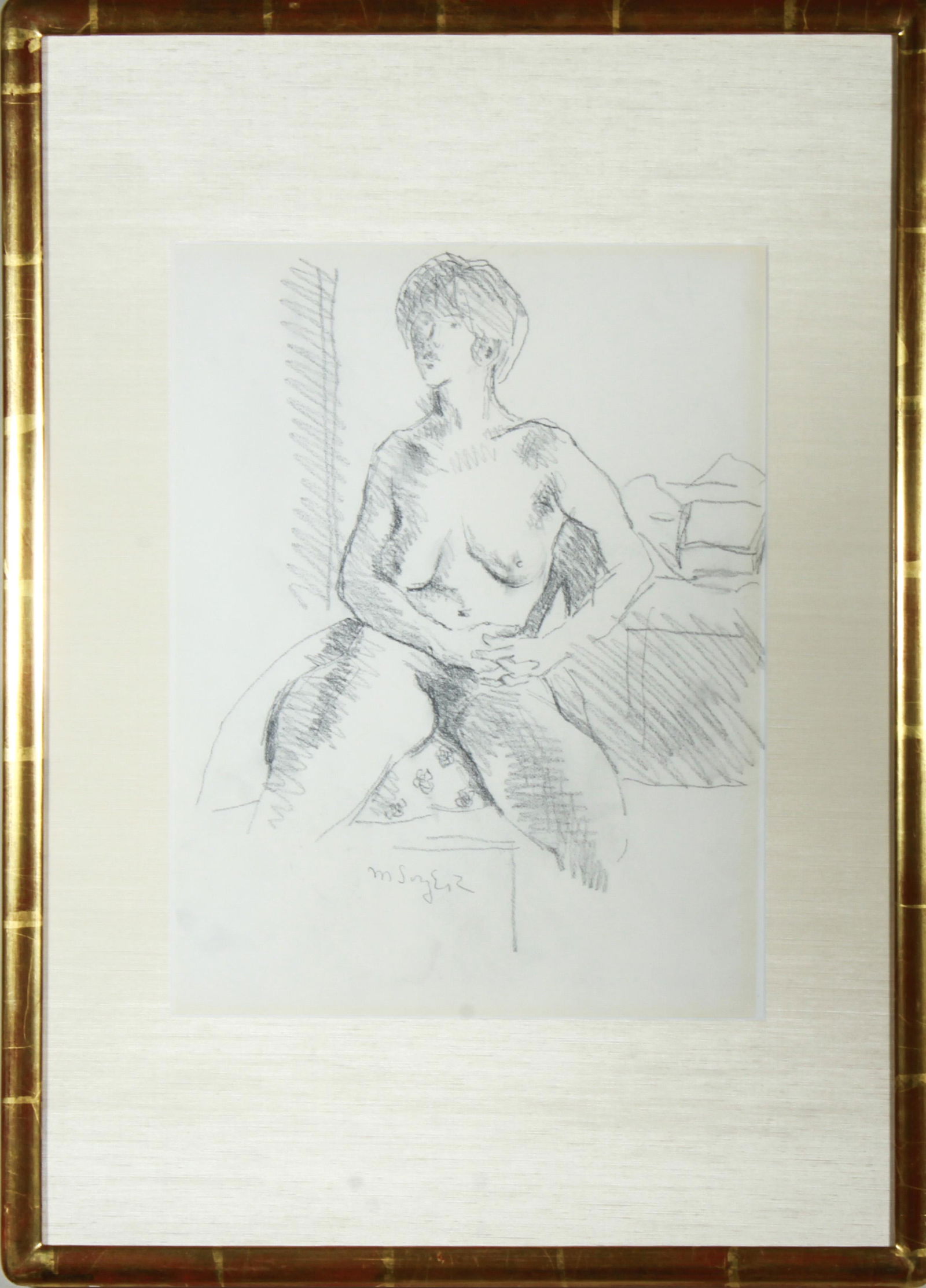 Moses Soyer "Female Nude" Pencil Drawing: Moses Soyer (American, 1899-1974) "Seated female nude," signed "M Soyer," pencil / graphite on paper. Image: 14" H x 10.75" W; frame: 23.5" H x 17" W x .5" D. From the Collection of Actor Ron Rifkin.