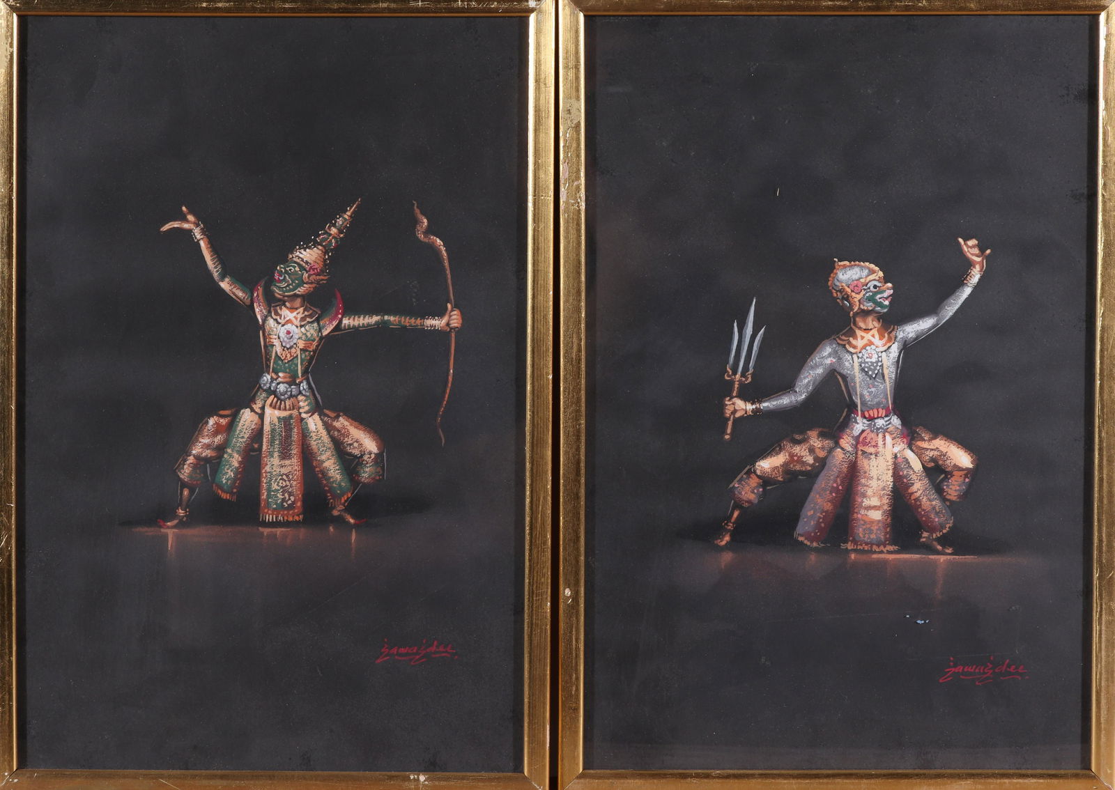 Signed Sawasdee, Thai-Dancers, Watercolor, Pair (1 of 3)