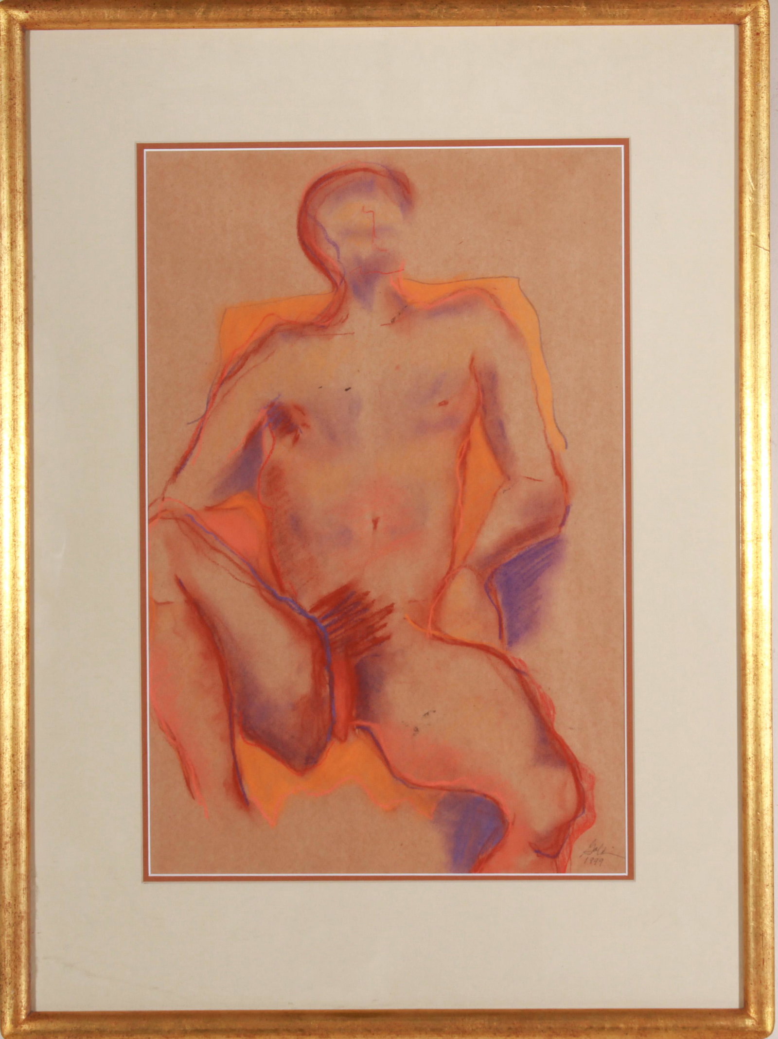 Signed Gold Contemporary Male Nude Pastel: Signed "Gold" contemporary male nude figure, signed and dated in pen lower right "Gold 1999," pastel drawing on brown paper. Image: 17.5" H x 11.5" W; frame: 25.25" H x 18.75" W x .75" D. In overall g