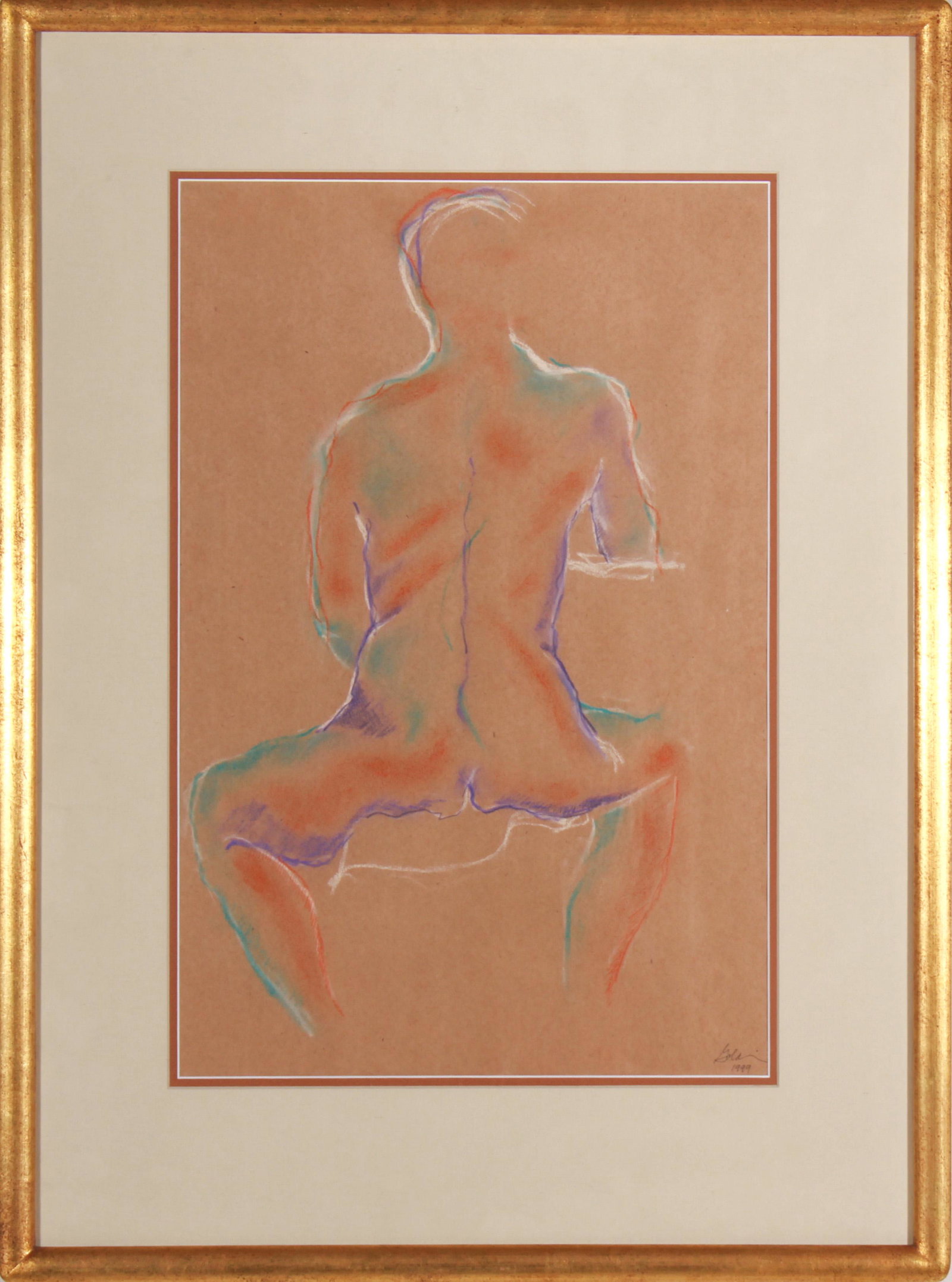 Signed Gold Contemporary Nude Figure Pastel: Signed "Gold" contemporary nude figure, signed and dated in pen lower right "Gold 1999," pastel drawing on brown paper. Image: 17.5" H x 11.5" W; frame: 25.25" H x 18.75" W x .75" D. In overall good c