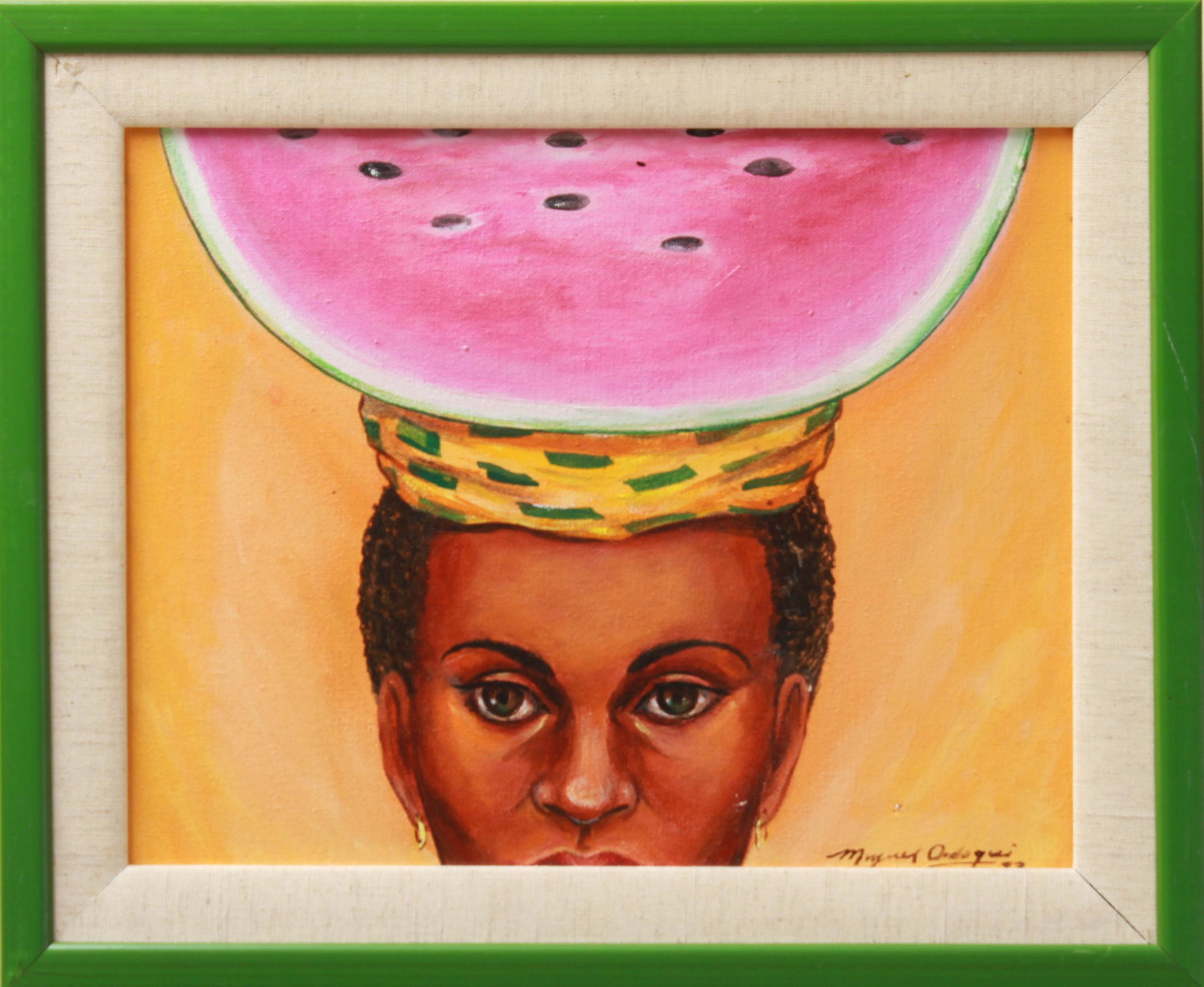 Miguel Ordoqui "Mulato con Sandia" Oil on Canvas: Miguel Ordoqui (Cuban, XX-XXI) "Mulato con Sandia," signed and dated lower right: “Miguel Ordoqui 93,” oil on canvas, inscribed titled, signed and dated on reverse. Image: 11” H x 14” W; frame