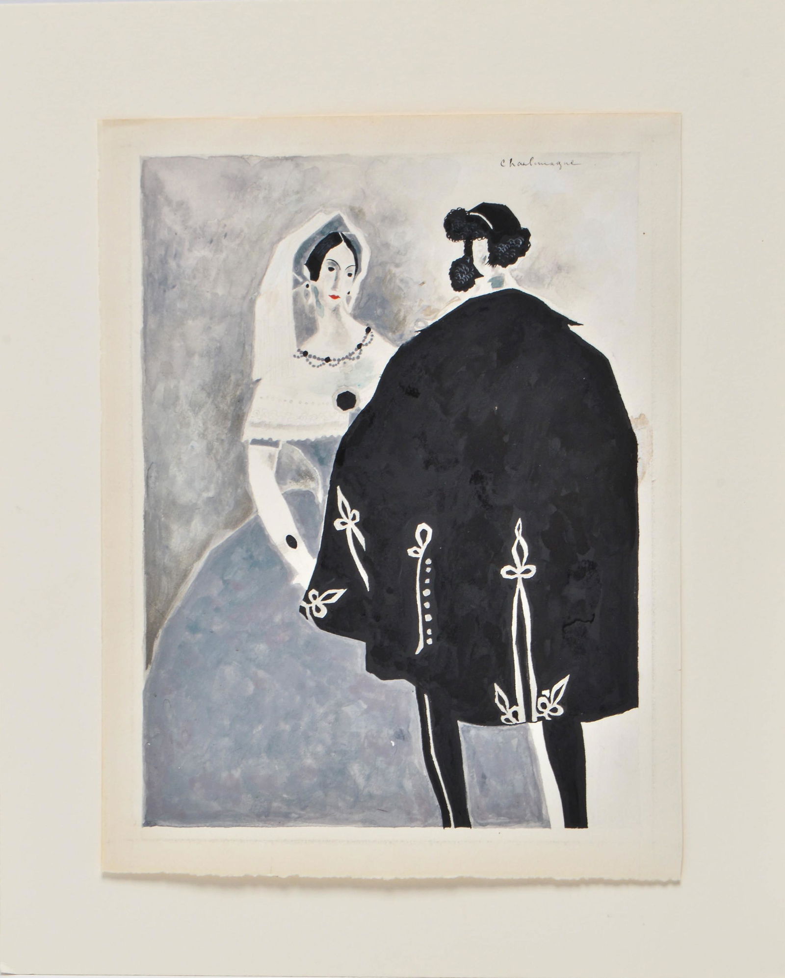 Paul Charlemagne "Wanda" Gouache on Paper: Paul Charlemagne (French, 1892-1972) "Wanda," depicting man and woman, possibly bride and groom, signed upper right "Charlemagne," marked on reverse "Wanda," gouache on paper, unframed. Image: 11.5" H
