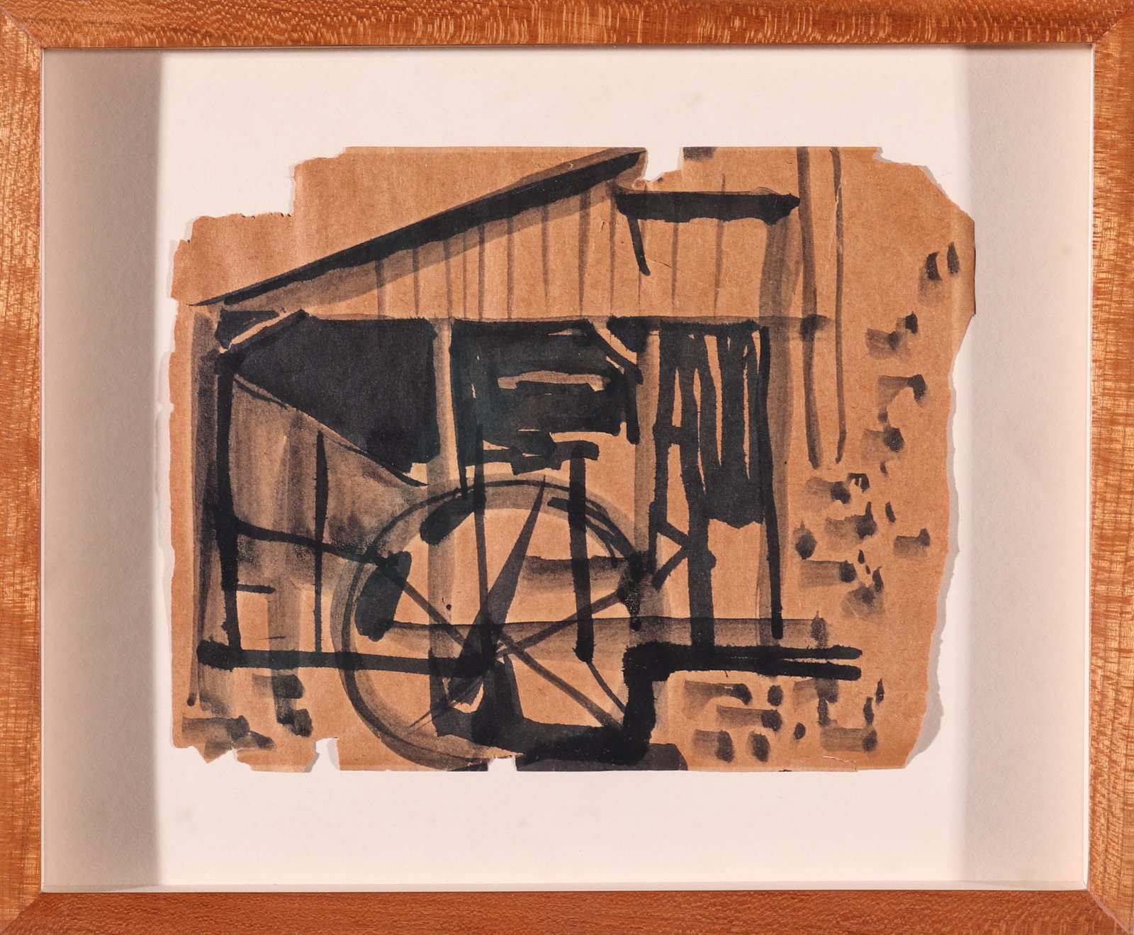 Modern "Wheel" Ink on Brown Paper Sketch: Modern ink on brown paper sketch depicting wheel against building, floating mount in shadowbox frame. Image: 6" H x 7.25" W; frame: 8.75" H x 10.75" W x 1.5" D. From the Estate of architect Hugh Hardy