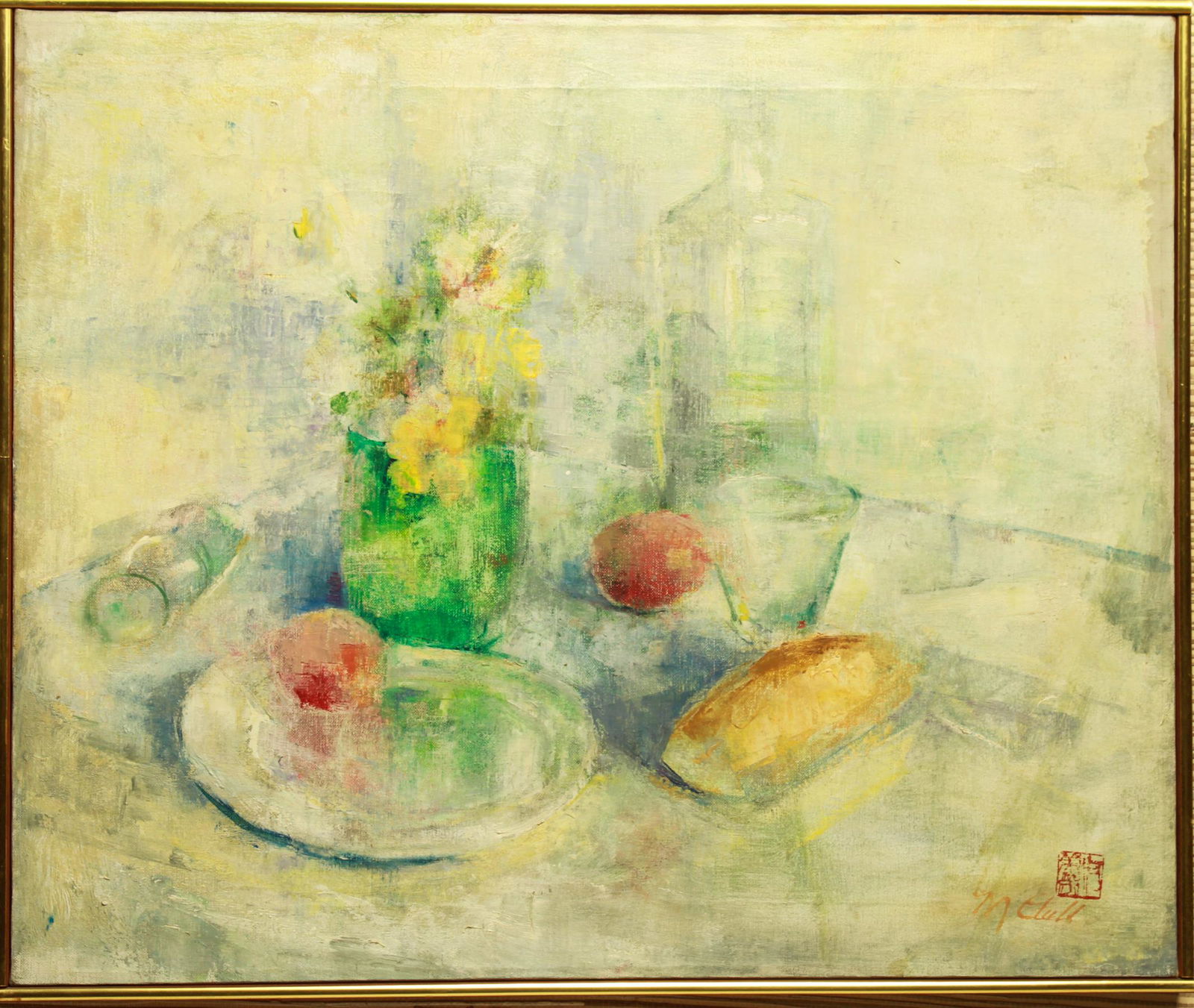 Still-life Flowers Fruit & Bread Oil on Canvas: Still-life with green vase of flowers, peaches and a loaf of bread, illegibly signed lower right with Asian character chop. Image: 20" H x 24" W; frame: 20.75" H x 24.75" W x 1.5" D. Some cracquelure.