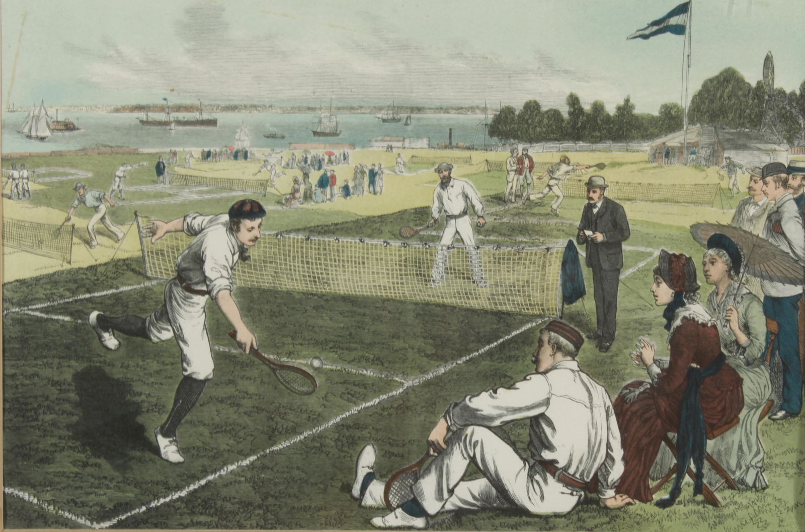 Offset Lithograph of Victorian Tennis Lawn Game: 'Victorian lawn tennis match,' offset colored lithograph, marked 'AA Inc. 1970' at lower right. Image: 9.75"H x 14.75"W; frame 15.25" H x 20.5" W. Wrinkling to image along with some minor blemishes, m