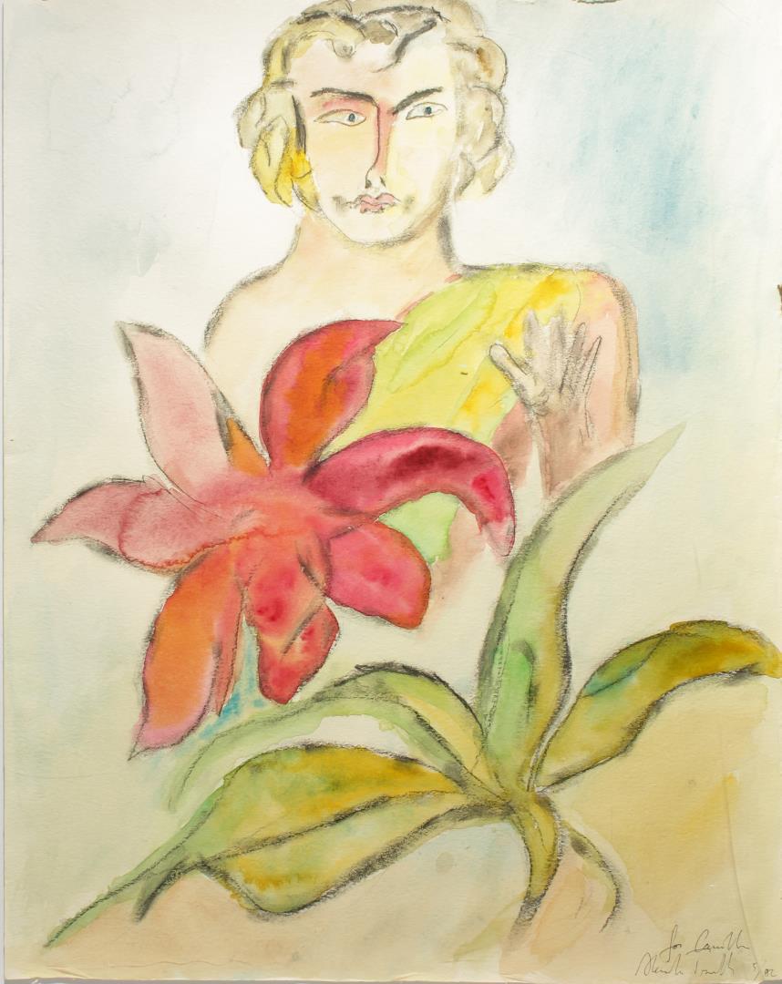 Alessandro Twombly (American, 1959-) - Watercolor: "For Camilla," depicting a figure behind large colorful flowers, titled and signed lower right "Alessandro Twombly," and dated "5/82'", unframed and rolled. 24" H X 19" W. Light blemishes and other su
