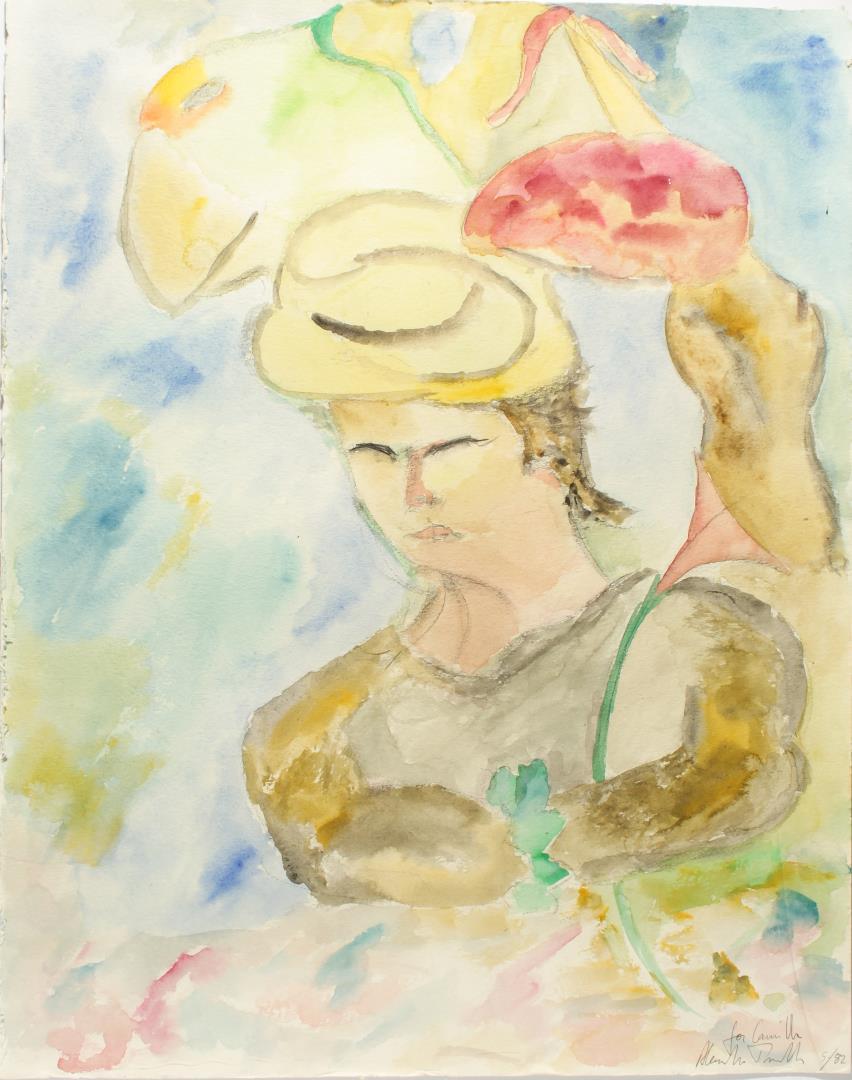 Alessandro Twombly (American, 1959-) - Watercolor: "For Camilla," depicting an abstract portrait of a lady in yellow, titled and signed lower right "Alessandro Twombly" and dated "5/82'", unframed and rolled. 24" H X 19" W. Light blemishes and other s