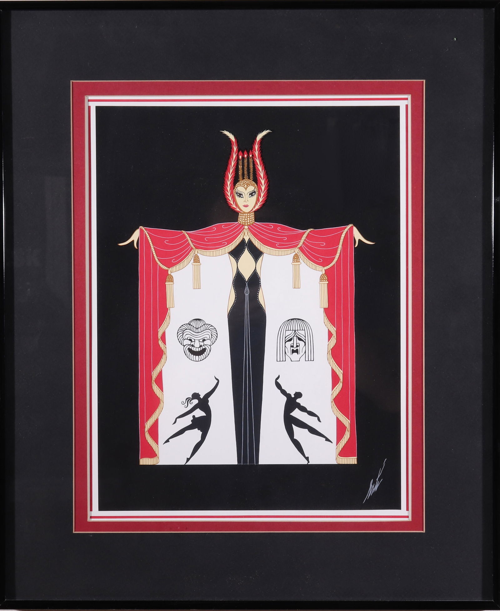 Erte "Broadway in Fashion" Print: Romain Erte (Russian / French, 1892-1990) "Broadway in Fashion," 1978, signed in image lower right. Image: 14.75" H x 11" W; frame: 22.25" H x 18.5" W x 0.75" D. In overall good condition aside from s