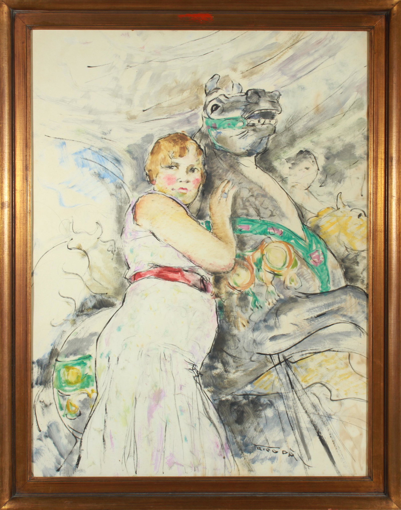 Pal Fried "Girl & Carousel Horse" Gouache (1 of 6)
