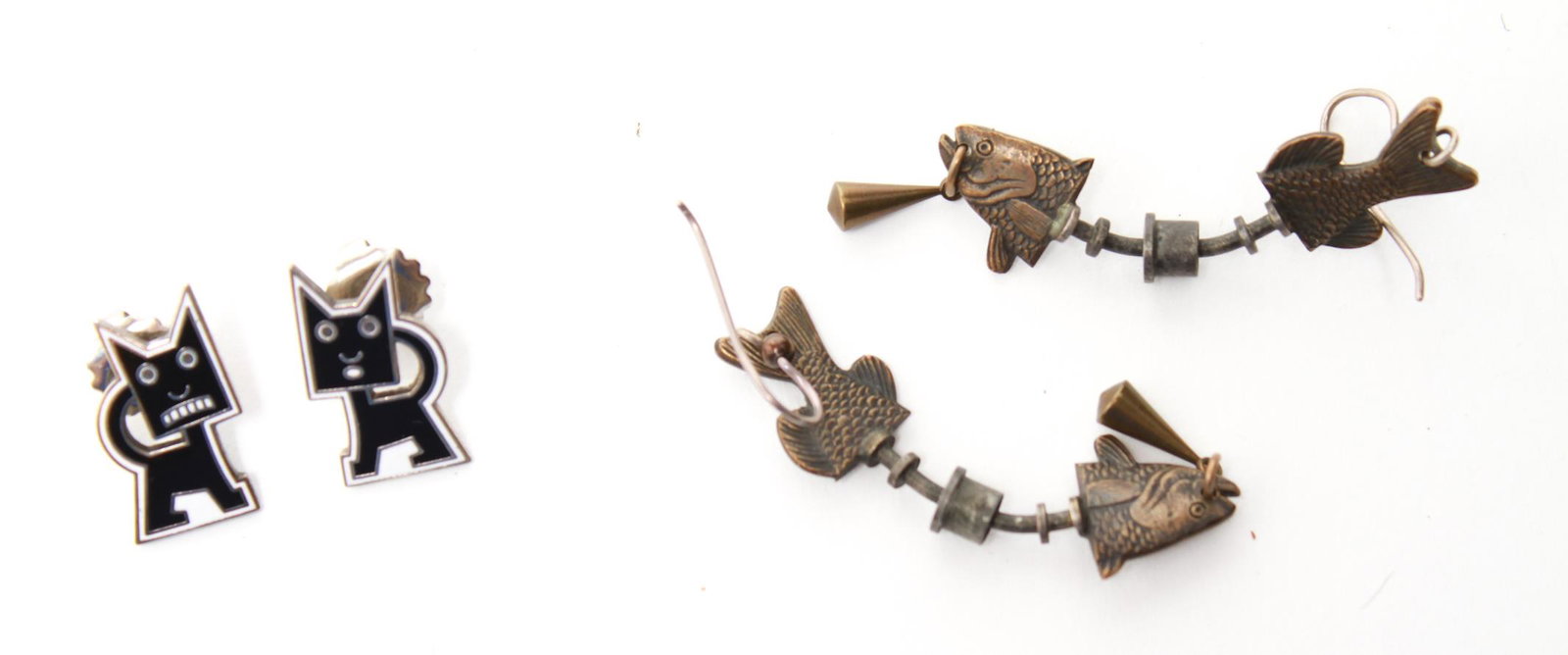 Thomas Mann & Michel Bedard for Acme Earrings-2 Pr: Thomas Mann Designs and Michel Bedard for Acme Studios Modernist pierced earrings, comprising a Mann sterling and brass pair of hanging fish skeletons, marked "TM Designs" on the reverse, and Bedard b