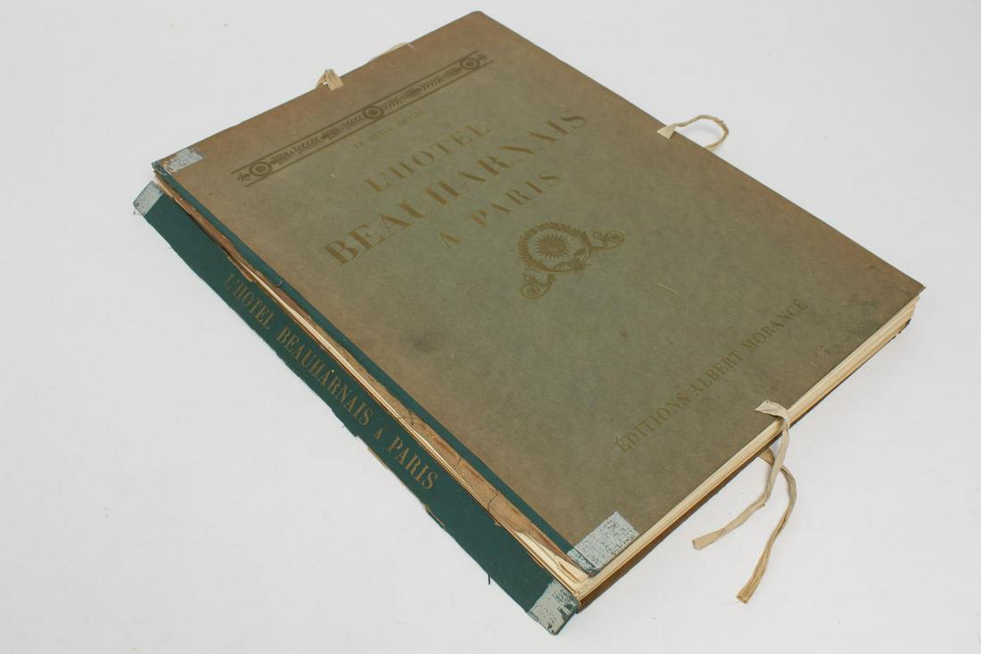 Le Empire Style L'Hotel Beauharnais A Paris Book: "L'Hotel Beauharnais A Paris," book published by Editions Albert Morance, circa 1930, Paris, hardcover with missing plates. 18 H X 13.25" W. Break to spine, pages loose, wear to most edges, toning thr