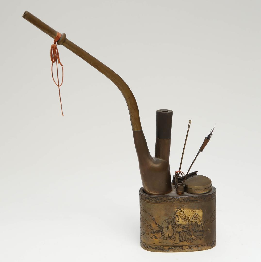 Chinese Incised Brass Opium Pipe & Tools in Stand (1 of 11)